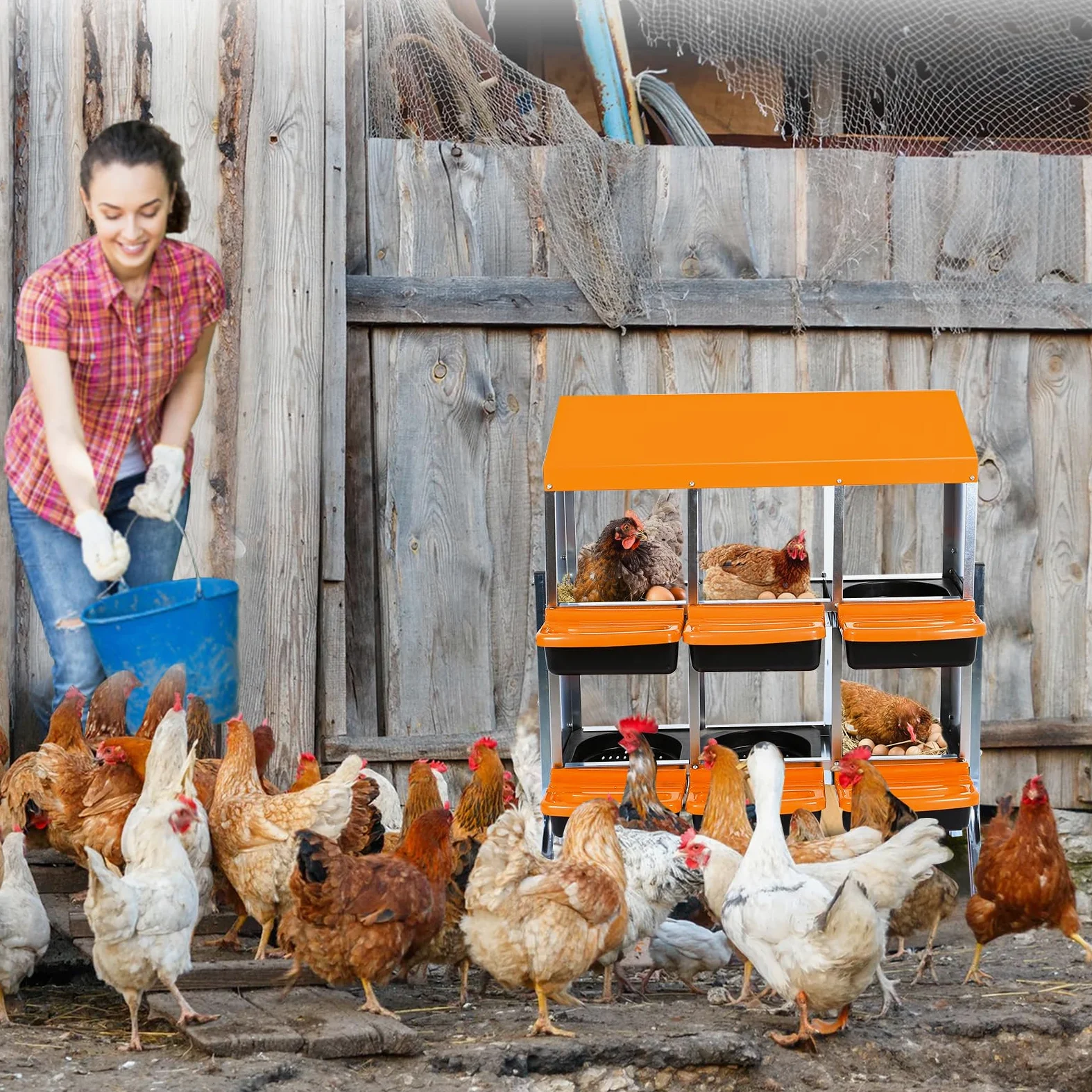 GarveeHome Ponederos gallinas gallinero Exterior, Caja metálica con Ruedas para gallinas, Ideal para Recoger Huevos fácilmente: 6 Compartimentos, Tapa extraíble, ventilada, Muy Resistente gallineros