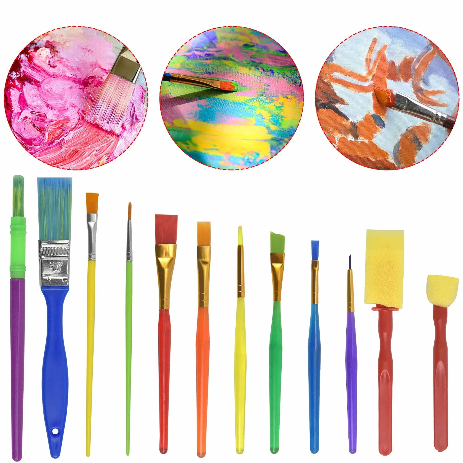 Pinceles de Pintura para Niños - 12 Pinceles y Esponjas para Acuarela, Óleo, Acrílico