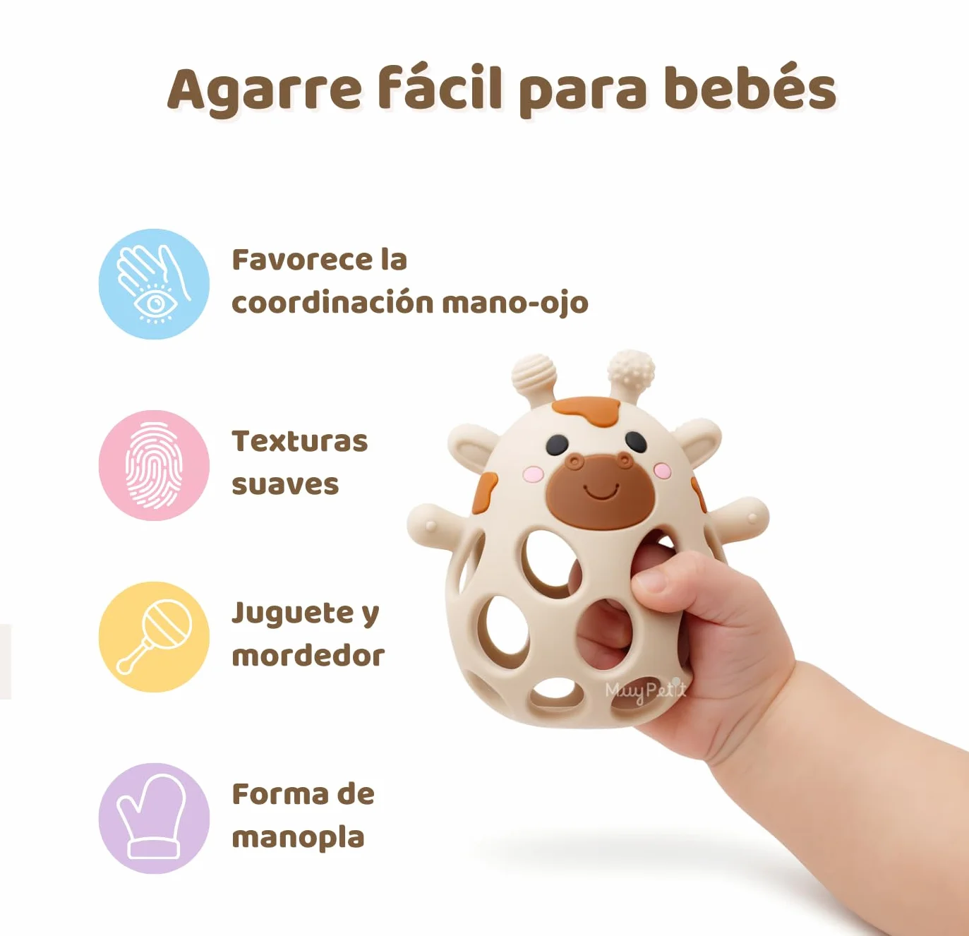 MuyPetit Jirafa Sonajero y Mordedor para bebé, Libre de BPA, Juegos bebe 0-6 meses, Juguete Montessori, Regalo recien nacido Beige