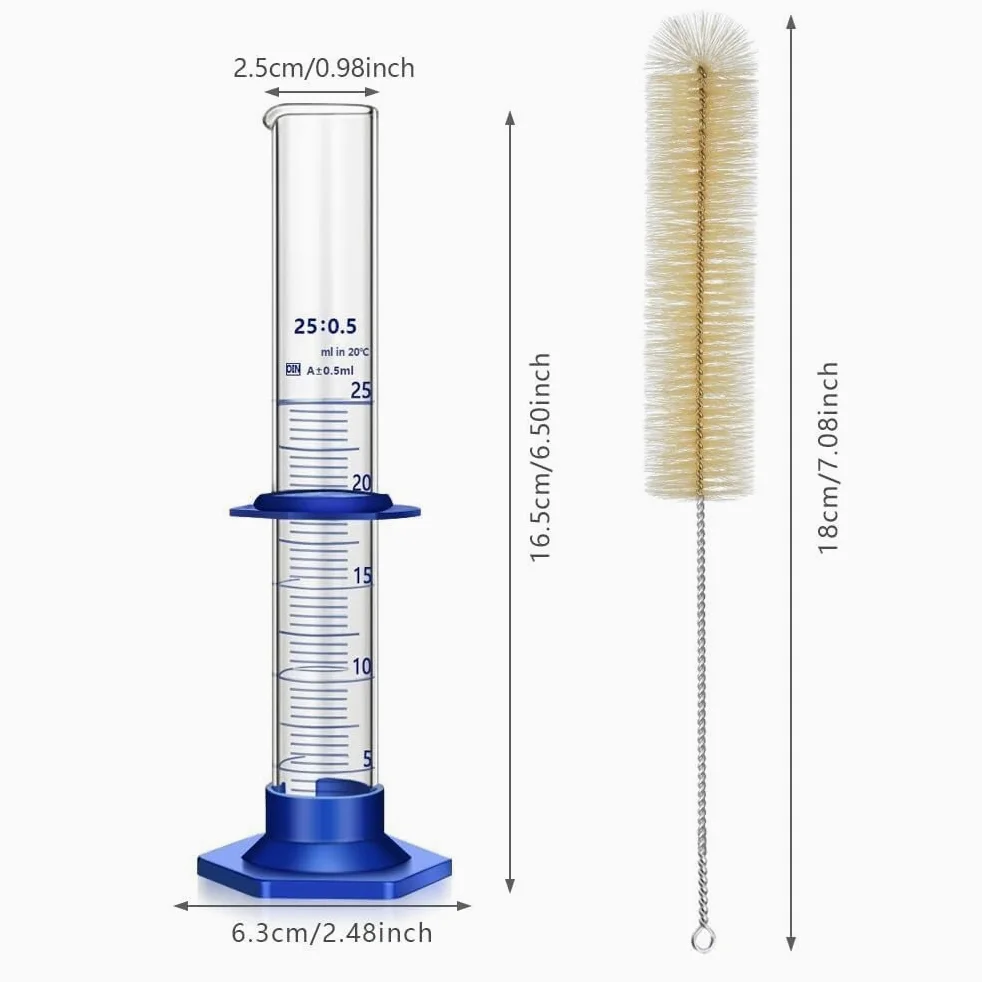 Probeta de Laboratorio para Ciencias, Juego de Cilindros graduados de Vidrio de borosilicato con Cepillo, 5-250 ml(10 pcs 25ML)