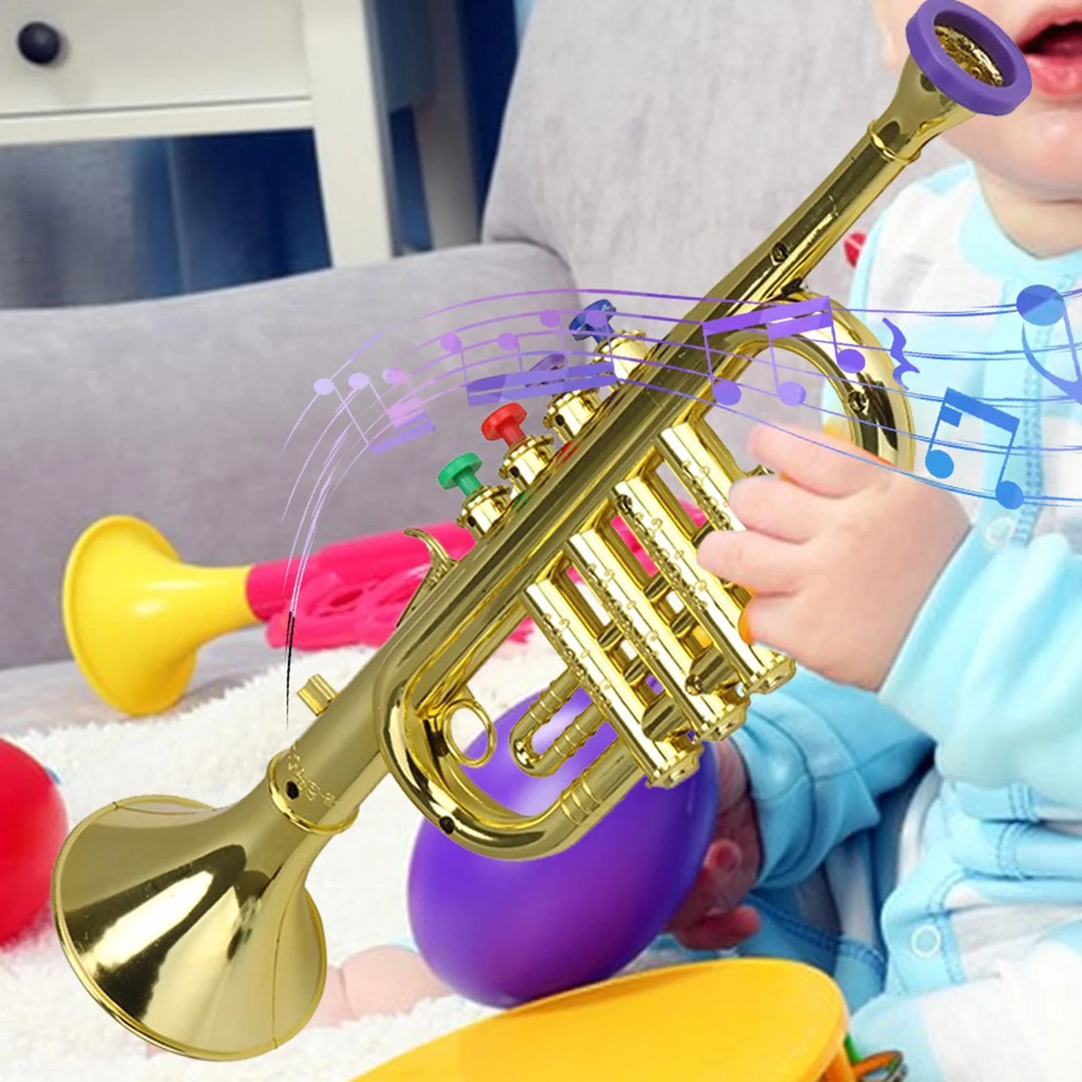 Trompeta para Niños 4 Tonos Instrumento de Viento con 4 Teclas de Colores Juguete Educativo