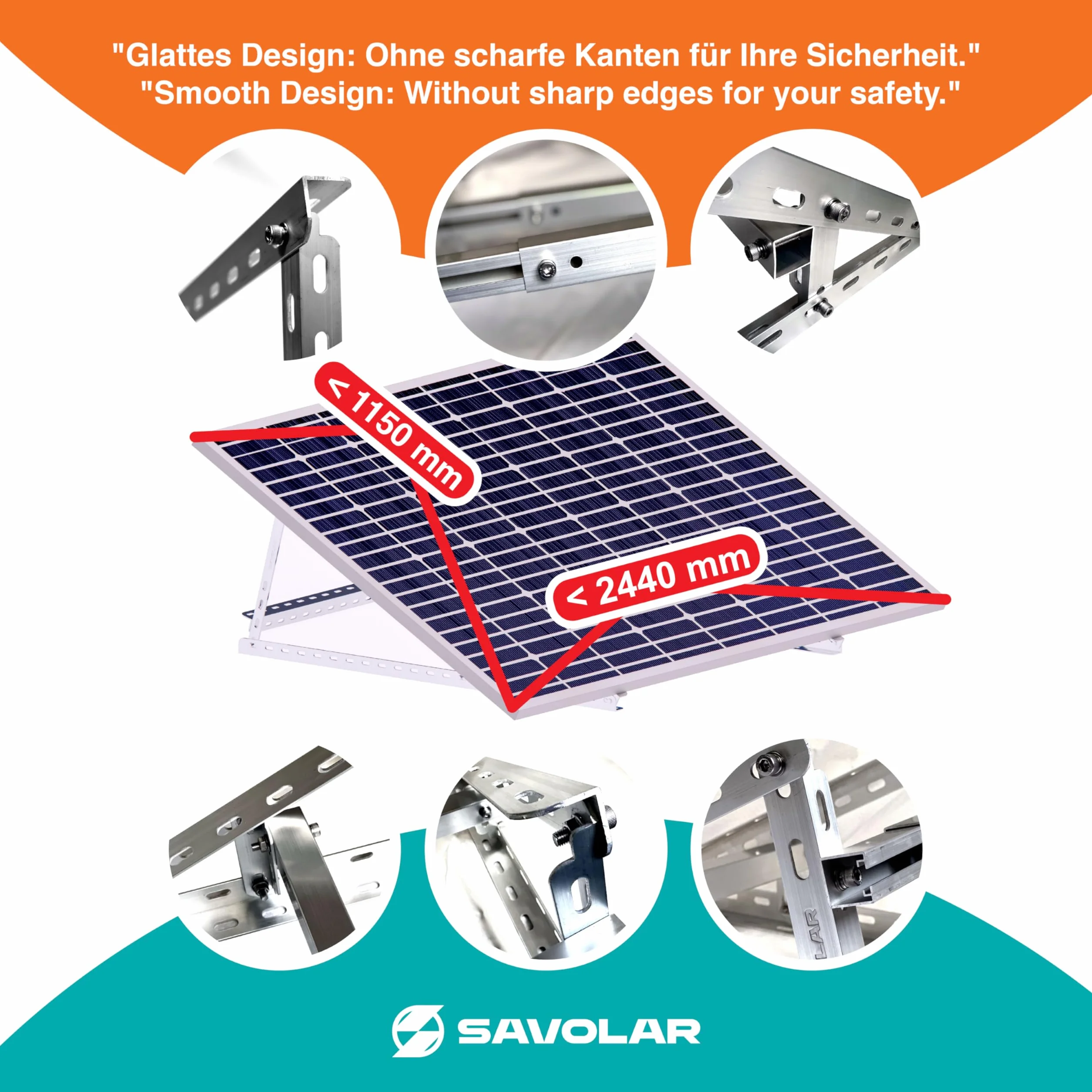 Soporte para módulo solar, 2 unidades, aluminio y acero inoxidable, montaje en pared, para plantas de balcones de hasta 117 cm, ángulo ajustable 0-90°, compatible con módulos solares de 100