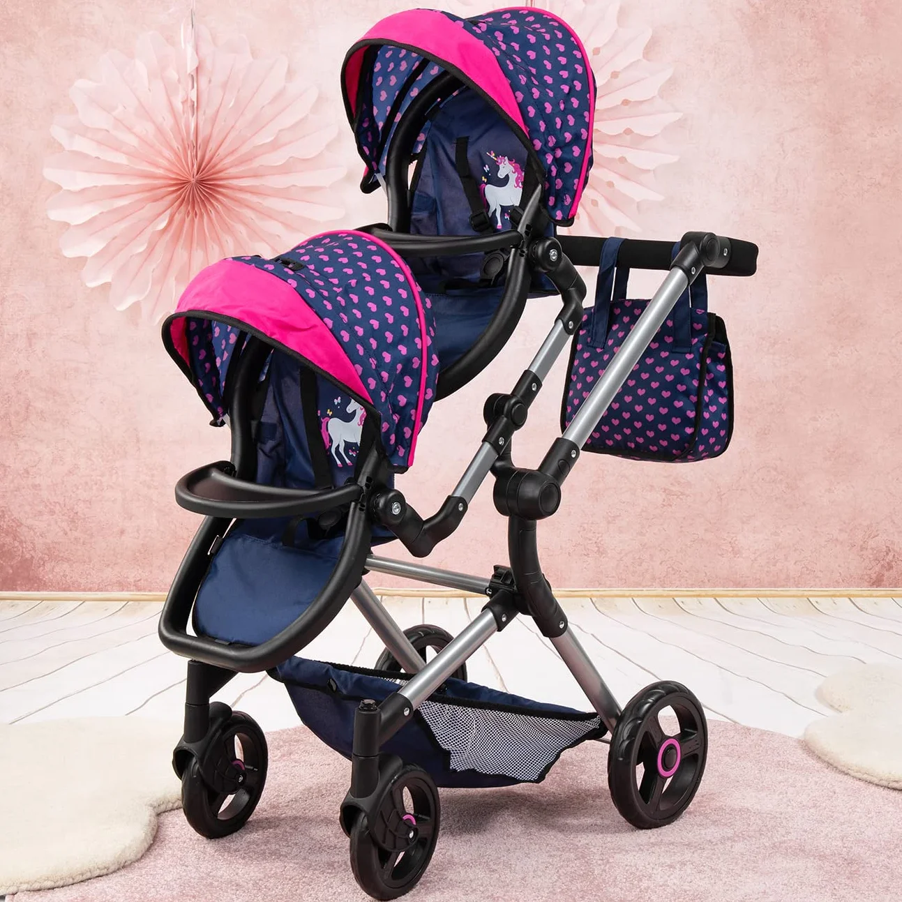Bayer Design Cochecito de Muñeca Gemelas, Carrito Paseo Ajustable en Altura, Plegable, Azul Unicornio Corazones