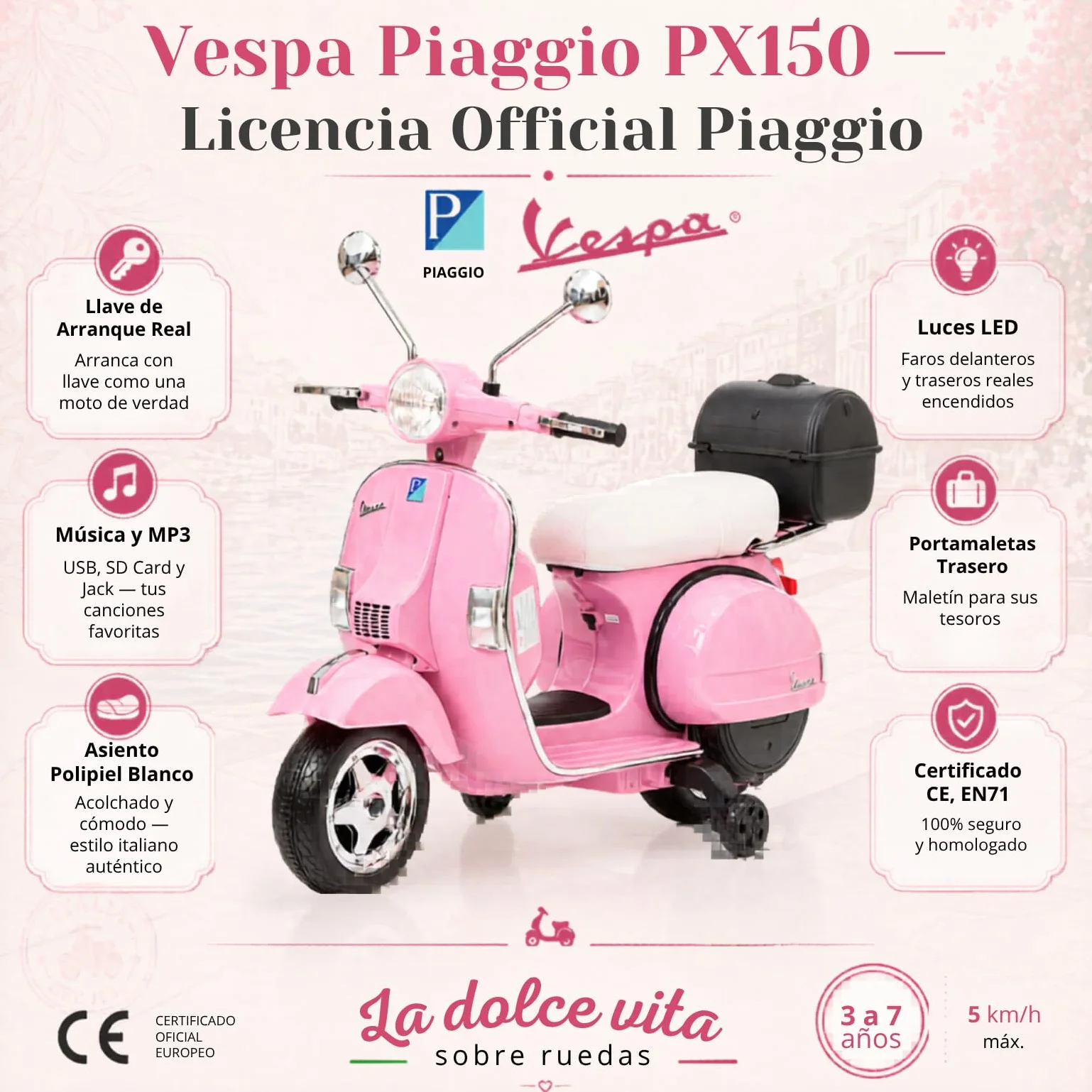 Vespa Clásica Moto Eléctrica 12V para Niños Licencia Oficial Piaggio con Batería Recargable, Ruedines, Luces y Sonidos - Scooter Infantil 3-6 Años (Rose)