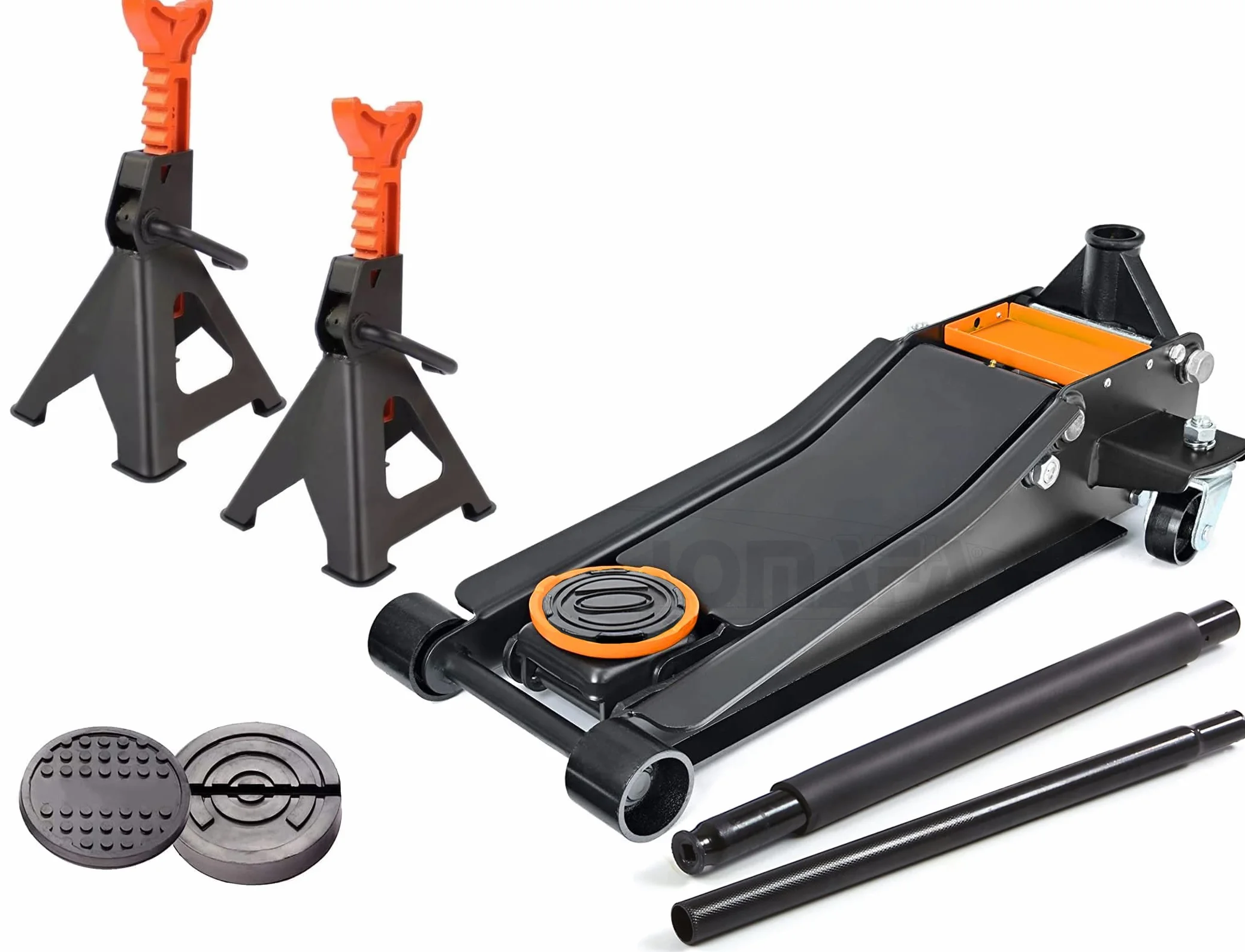 Juego Gato carretilla doble piston perfil bajo 3,5 toneladas (3500kg) + dos caballetes 6 ton