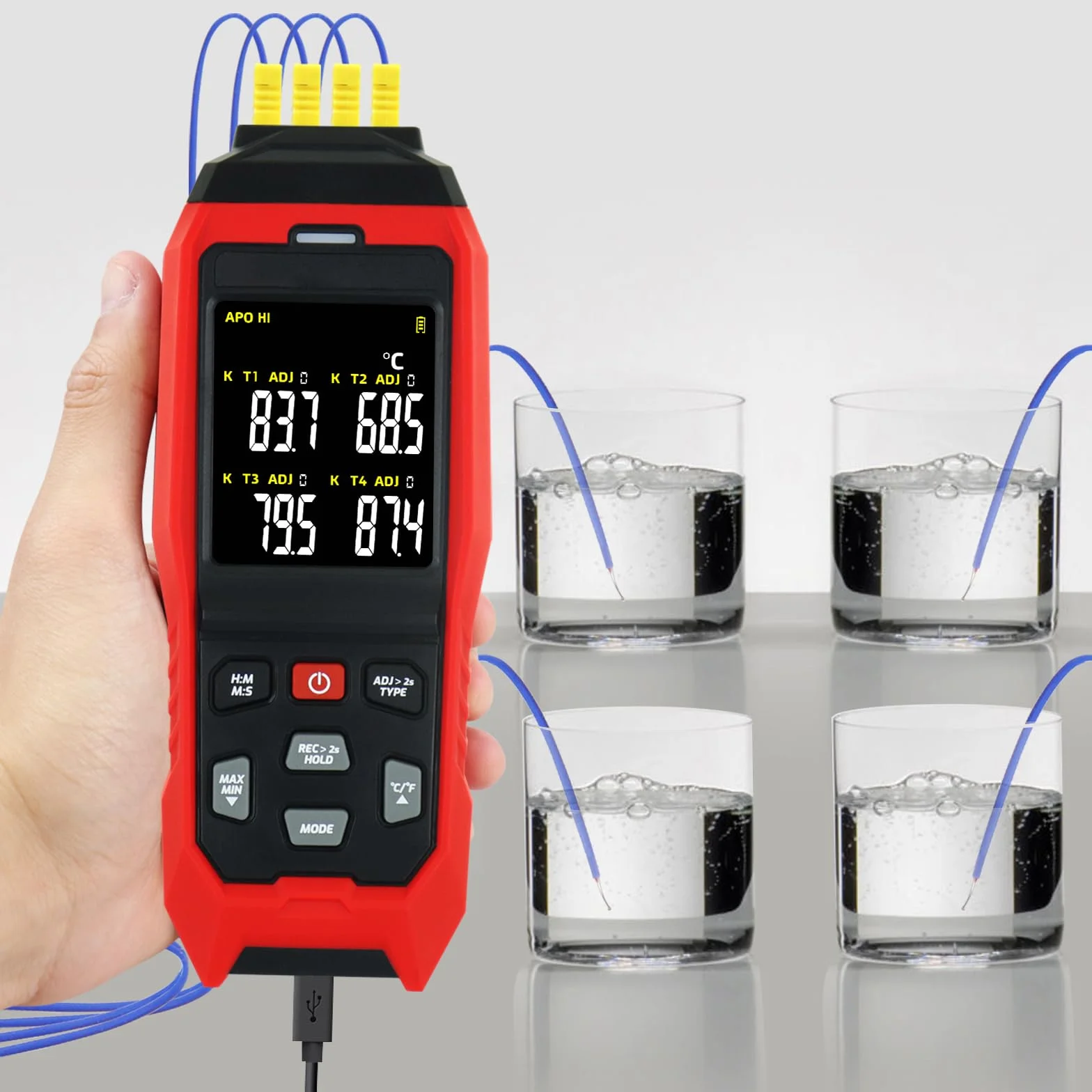 Termómetro K/J tipo registrador de datos Termómetro profesional de termopar con 5000 grupos de registro de temperatura, -328~2501℉ Medición Alarma acústica y visible, función de compensación ADJ