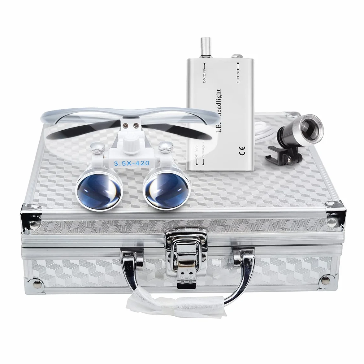 Bonew Dental Binocular Loupes Kit 3.5x 420mm LED Headlight Aluminum Case Silver