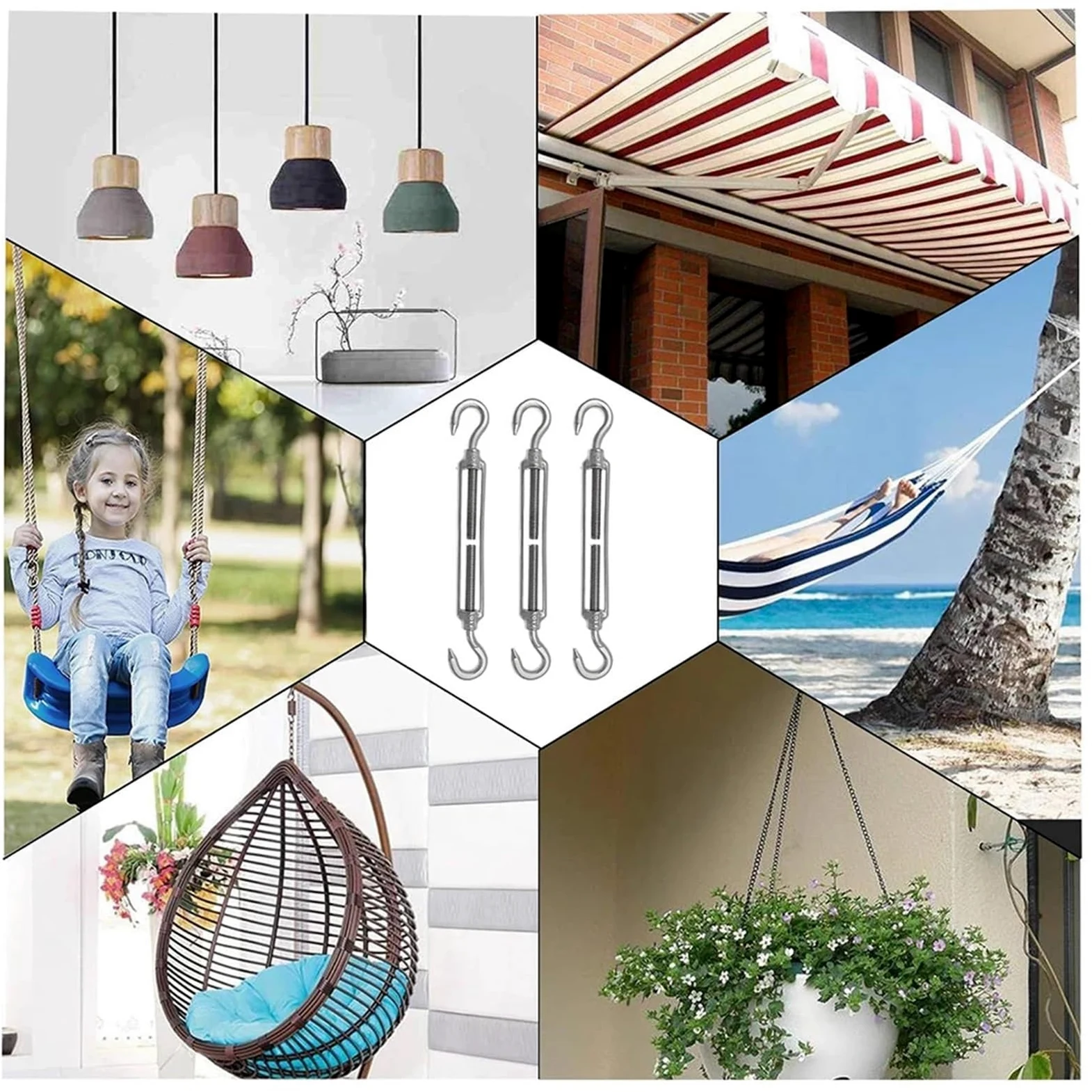 Juego de 5 tensores cable acero inoxidable con gancho y ojo, tensor ajustable for jardín M4 M5 M6 M8 Para Vallas De Jardín Y Soporte(Silver 1,M8)