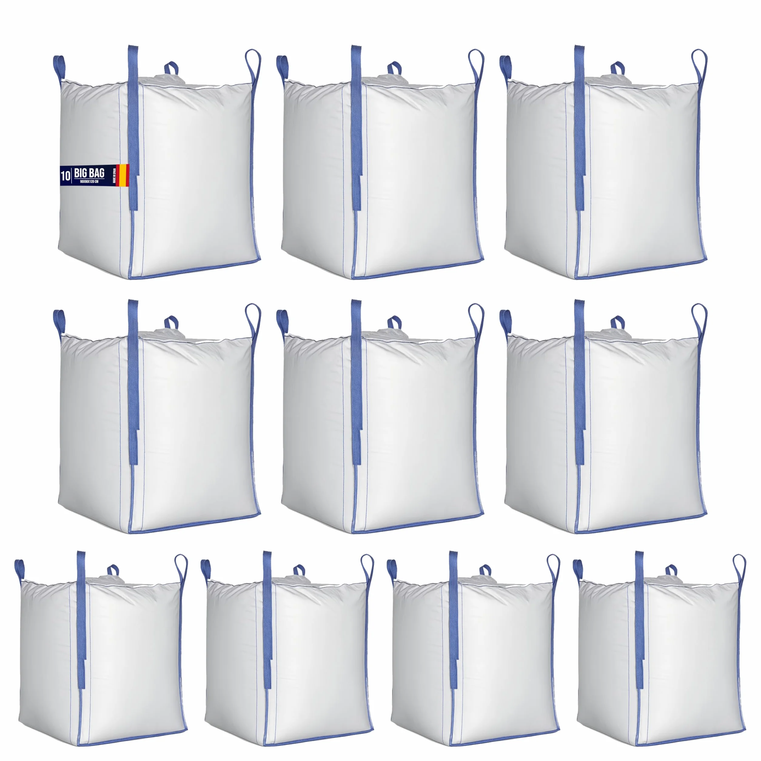 Saco Big Bag 1000kg con boca de vaciado y asas reforzadas 90x90x120cm, sacos para escombros, bolsa jardin, obra, almacenaje y transporte de materiales, resistente, reutilizable y duradero. (10 Uds)