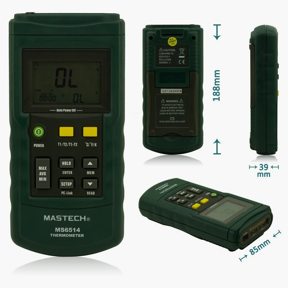 MASTECH ms6514 doble canal termómetro digital probador de temperatura y registrador de datos USB interfaz 1000 Datos
