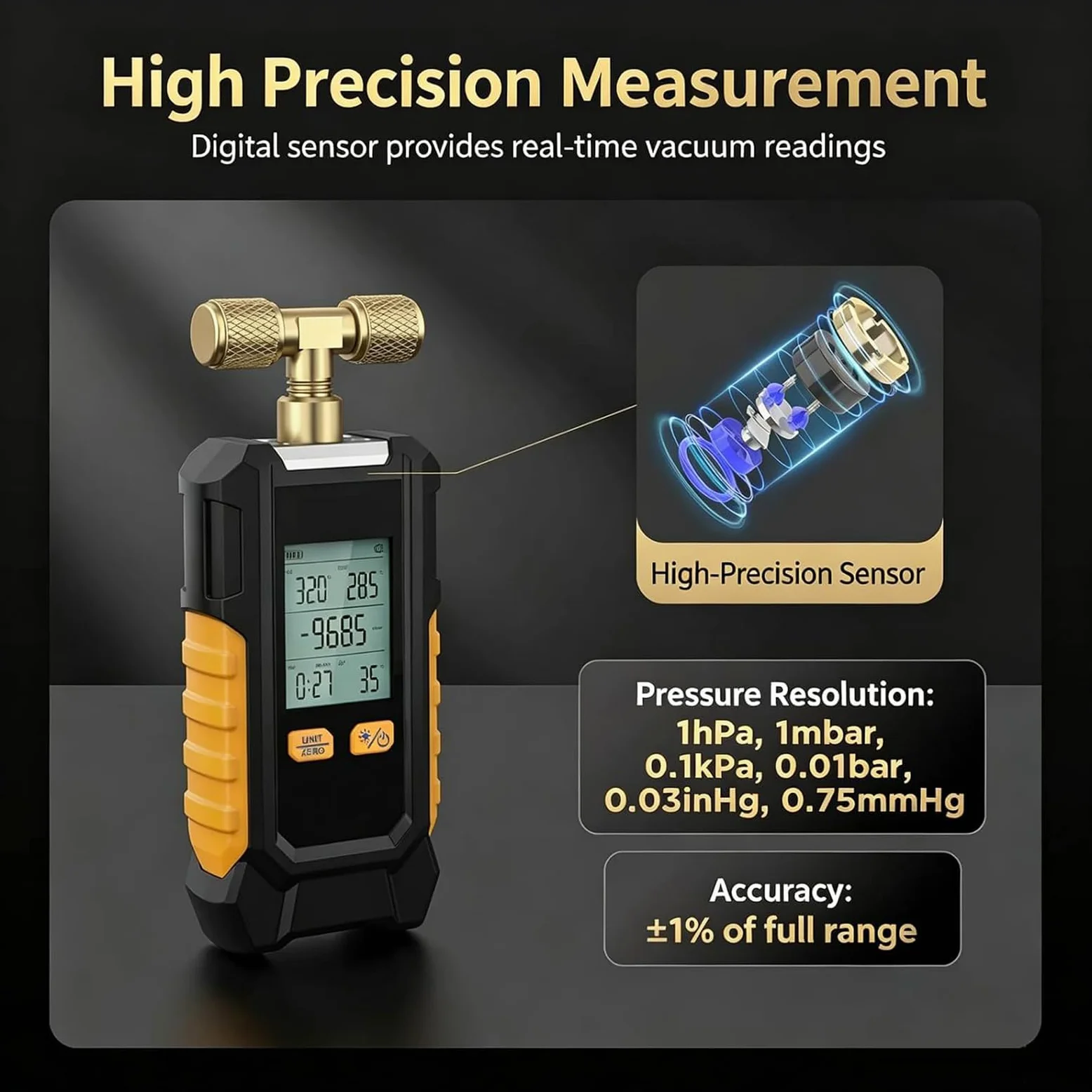 Manómetro De Vacío Digital, Detector De Fugas con Calibración Automática, con 6 Unidades Conmutables, Precisión De ±0,1%, con Pantalla LCD Retroiluminada, Herramienta De Diagnóstico HVAC