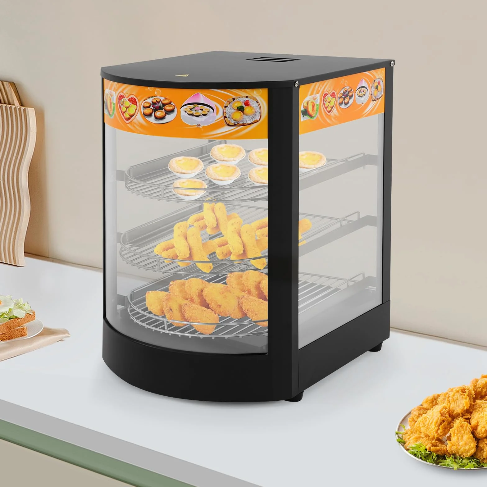 Calentador de alimentos, vitrina calefactora para alimentos, vitrina de cristal de 3 niveles, mostrador de 30 – 85 °C, calentador eléctrico para panadería y cafetería
