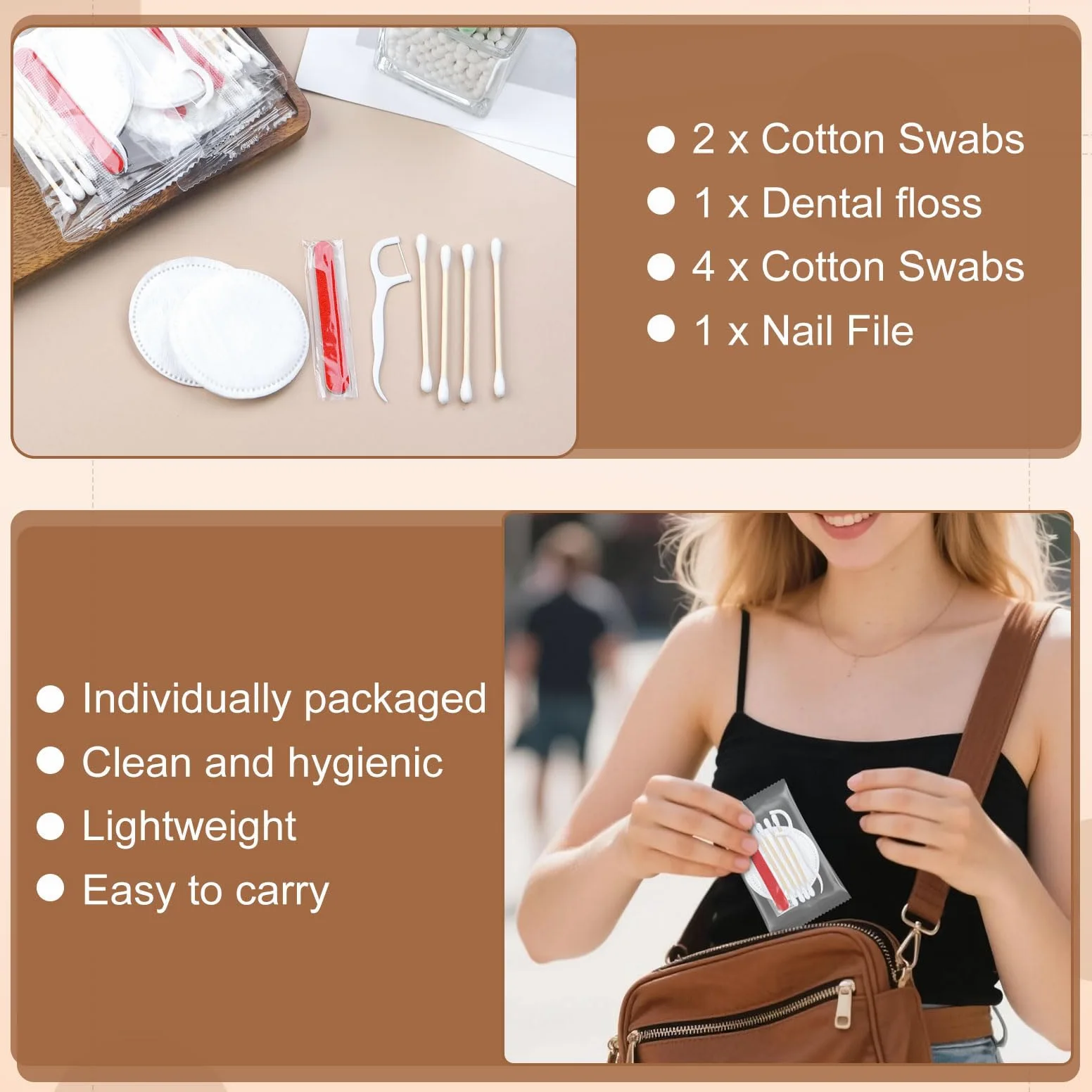 Kits de tocador a granel, hotel empaquetado individualmente, 100 piezas con almohadillas de algodón, hisopos, hilo dental y lima de uñas
