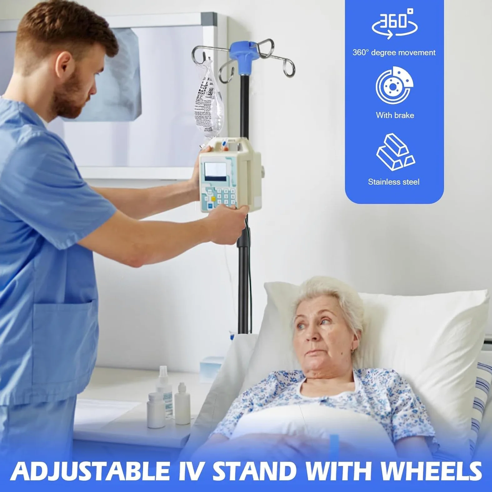Soporte intravenoso con ruedas Plegable | Soporte de ajustable con gancho para botella Estable Portátil Altura Ajustable para Ancianos Cuidado Diario en Cama Hogar