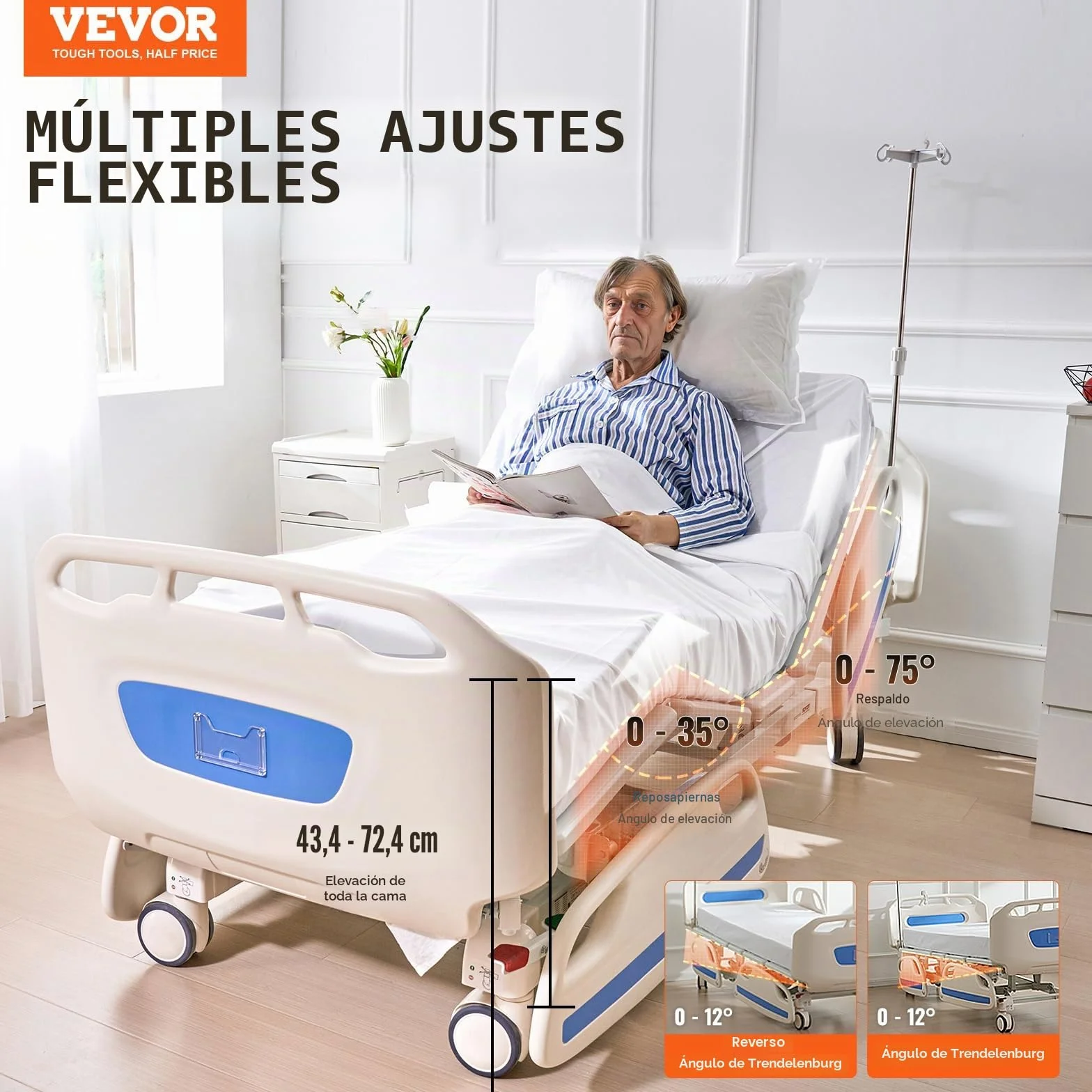 VEVOR Cama de Hospital Eléctrica de 5 Funciones de Primera Calidad para UCI con Posición de Silla Cardíaca, Trendelenburg y el Inverso, Ruedas de Bloqueo, 2085 x 1025 x 455-745 mm, Blanco y Azul