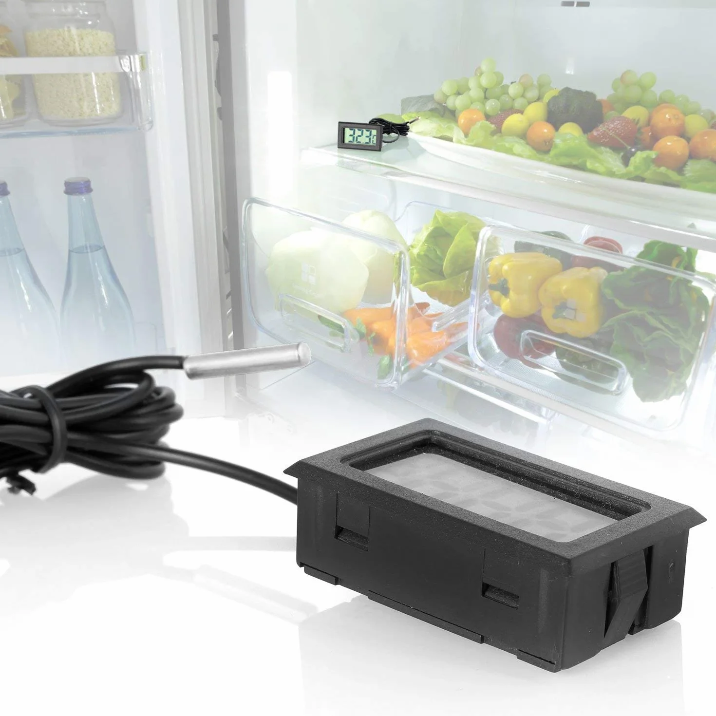 DollaTek Monitor de Temperatura Digital LCD Termómetro con Sonda Externa para Refrigerador Congelador Acuario - Negro