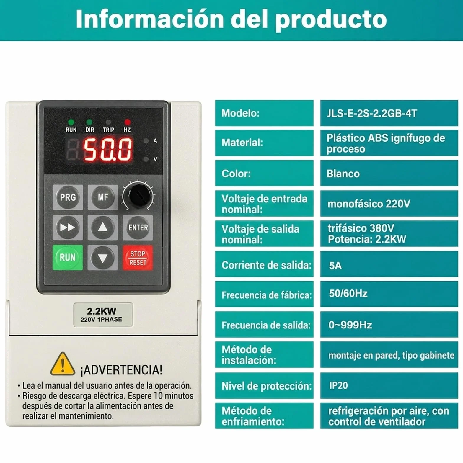 Variador de frecuencia VFD 230V 380V Entrada monofásica 220V Salida trifásica 380V 2,2KW Convertidor de frecuencia CNC Modelo de fábrica JLS-E-2S-2.2GB-4T (con cable de extensión de 2M)