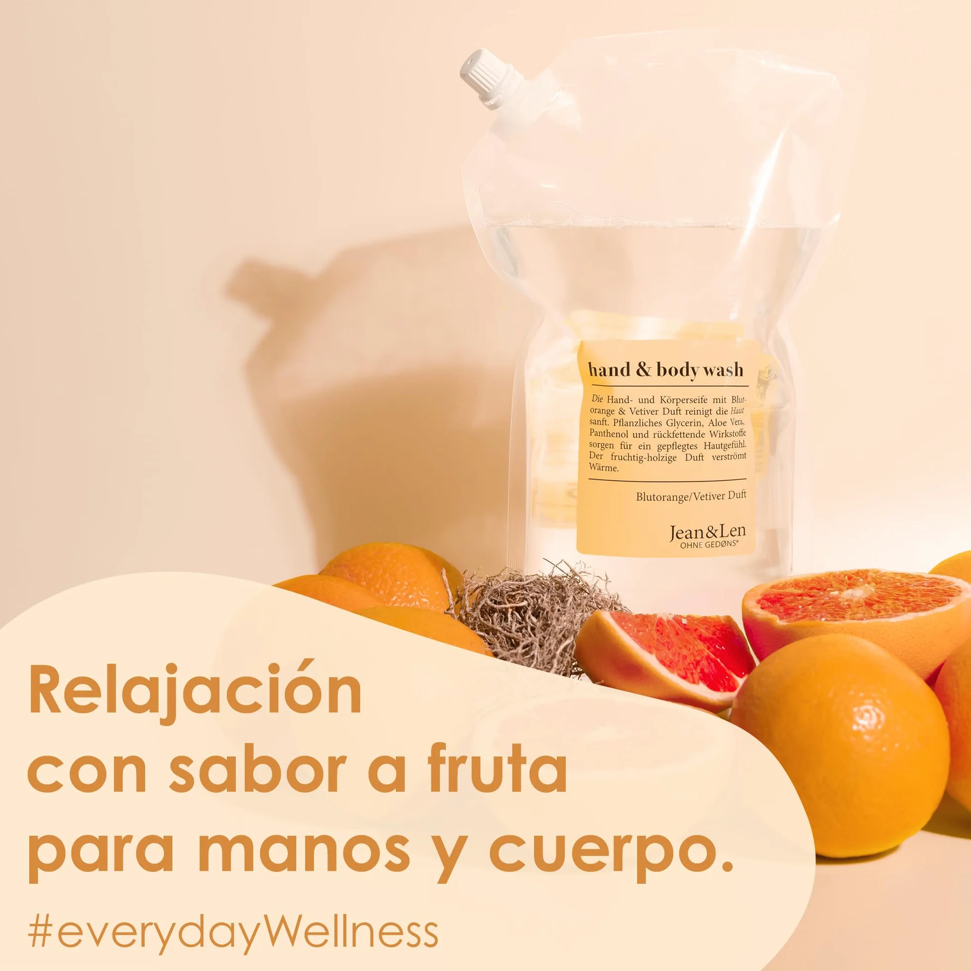 Jean & Len Hand & Body Wash Naranja sanguina y vetiver, jabón líquido en recarga, vegano, 1,5 L