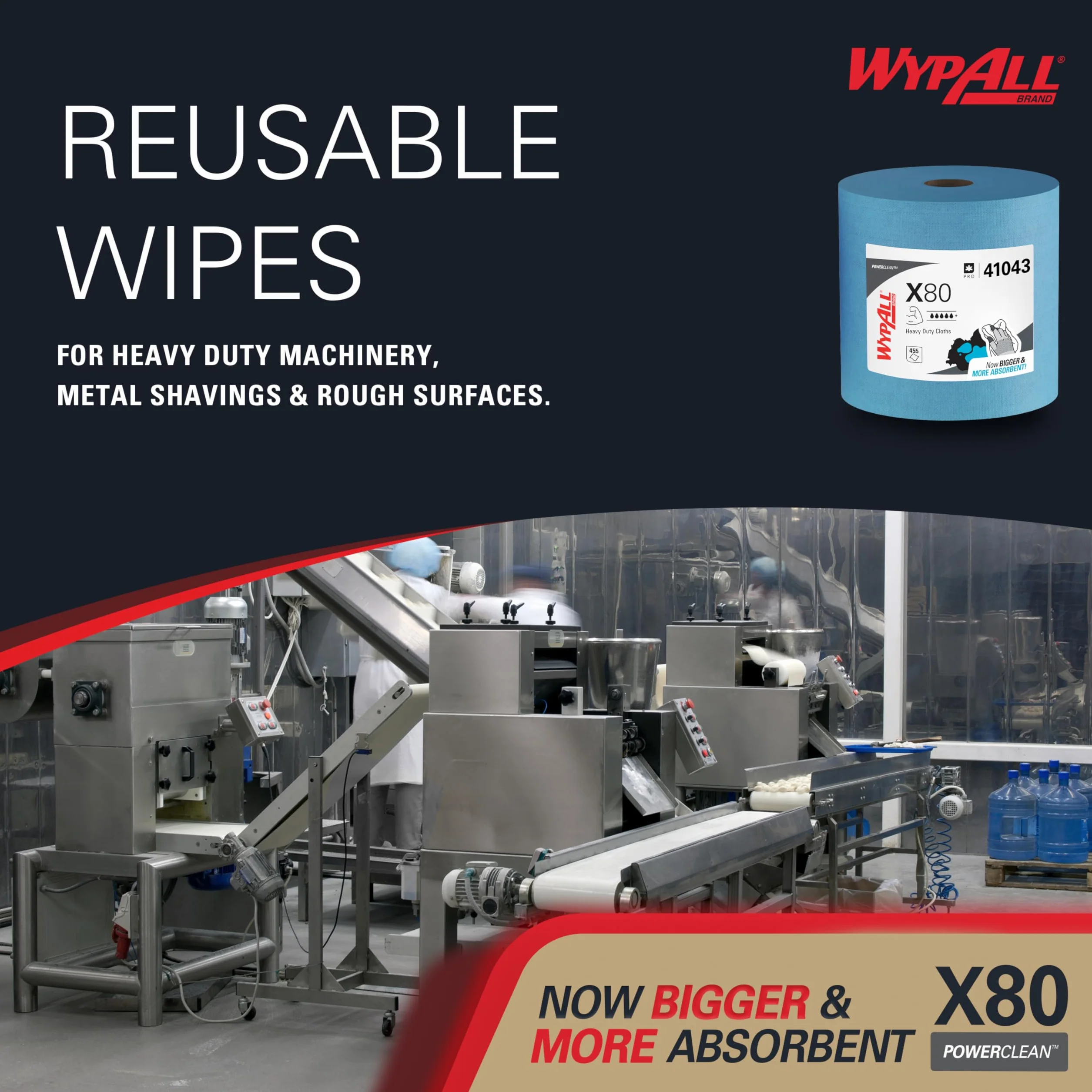 Paños WypAll X80 Power Clean, Paños de limpieza reutilizables industriales, Rollo azul de alta capacidad con 455 paños absorbentes de 1 capa​, Número de modelo 8347