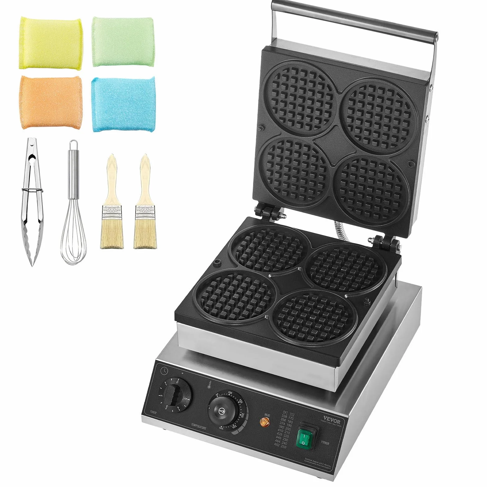 VEVOR Máquina para Hacer Gofres Comerciales, 4 Piezas, Acero Inoxidable Antiadherente de 1750 W con Control de Temperatura y Tiempo, para Restaurantes, Panaderías, Bares y Familias, 300 x 405 x 245 mm