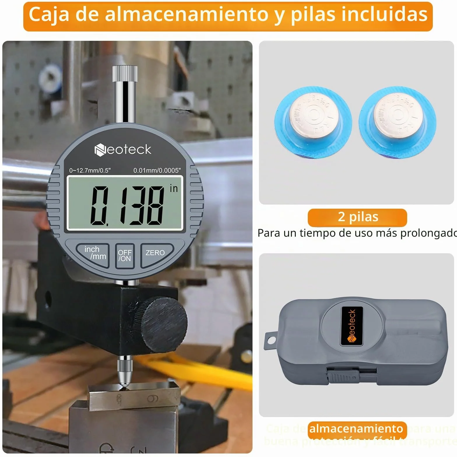 Neoteck DTI Indicador Digital 0.01/.0005'' 0-12.7mm/0-0.5" Reloj Comparador Medición