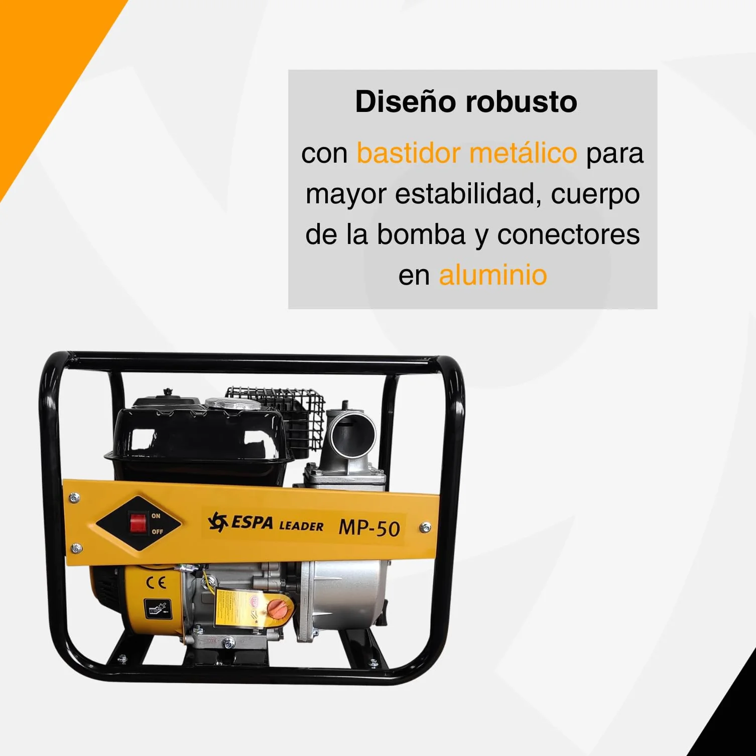 ESPA LEADER Motobomba MP-50, Motor Gasolina 4 Tiempos, Caudal Máx 32.000 l/h, Autonomía 2,2 h, Bomba de Agua para Achique, Vaciados de Emergencia, Inundaciones y Riego Agrícola