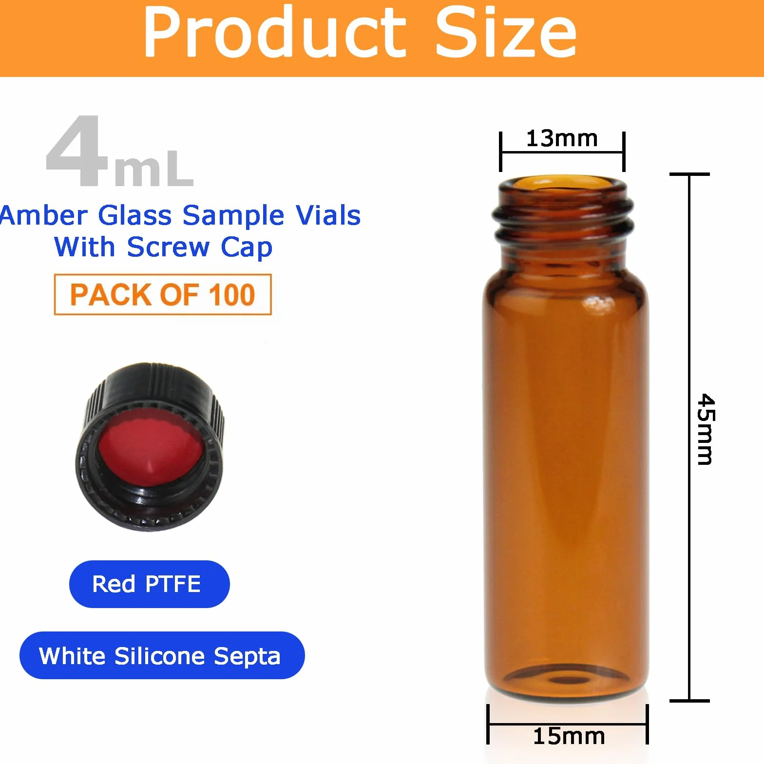 ALWSCI 4 mL Ámbar Vial de Muestra 13-425 PTFE/Silicona Roja Tapa Polipropileno 15x45 mm