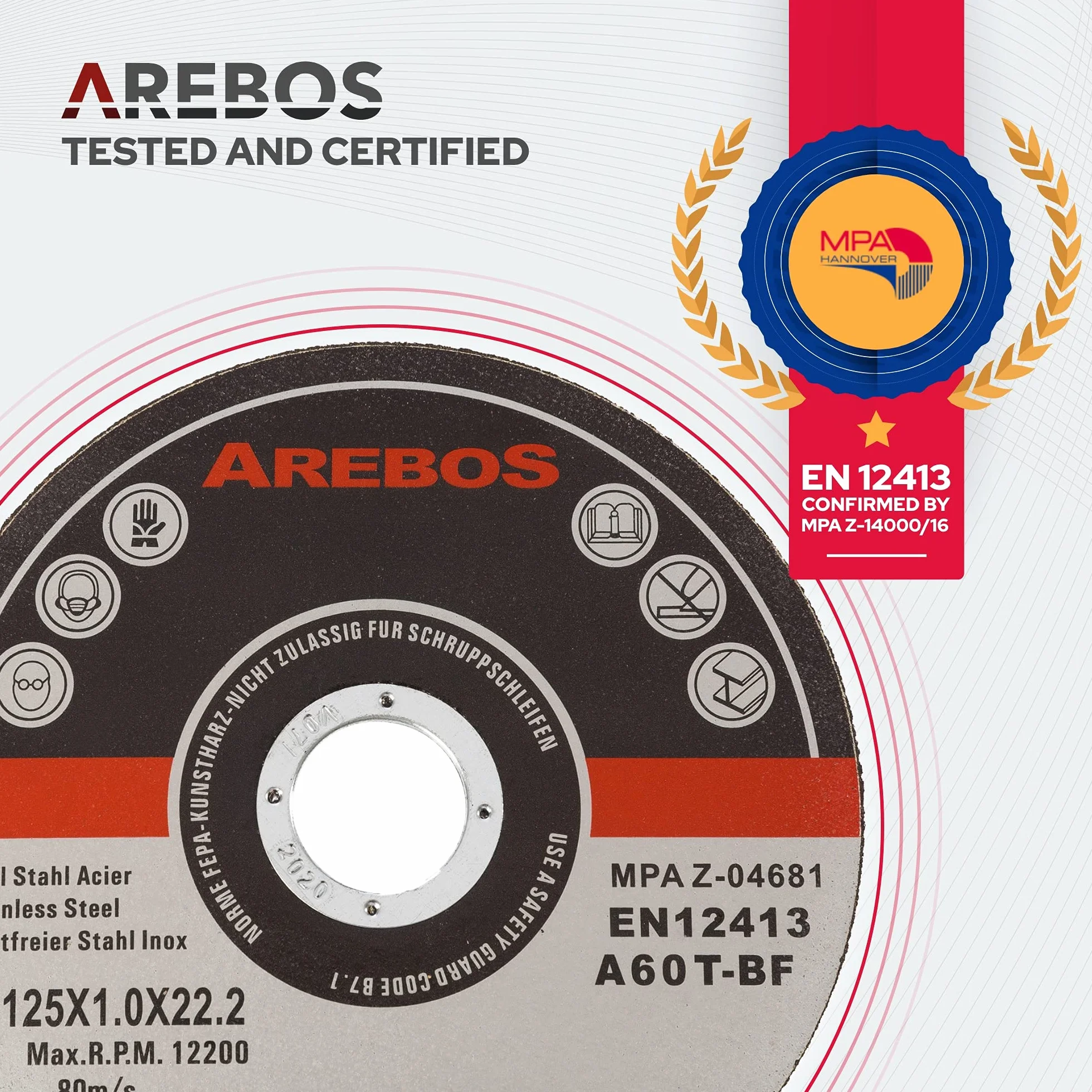 Arebos Discos de corte 400 piezas | Ø 125mm x 1mm x 22,2mm | apto para acero, acero inoxidable, inox, hierro, chapa, metal | avance y retroceso | certificado EN 12413 | (MPA)