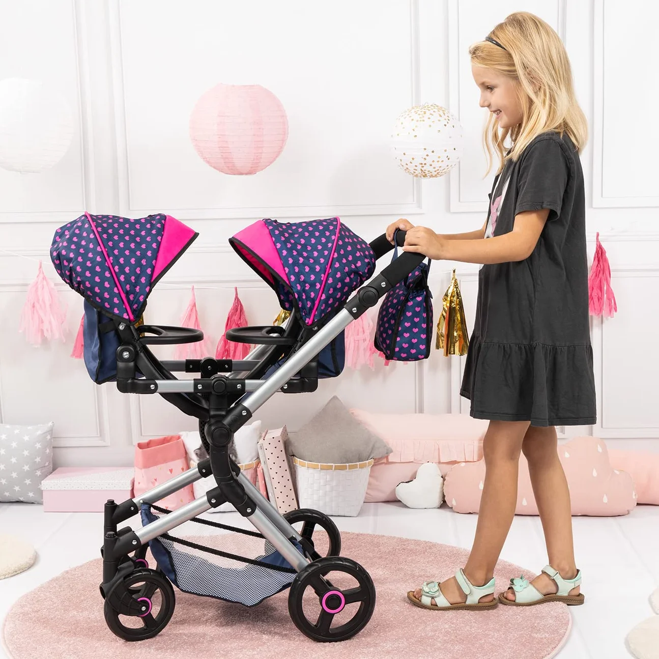 Bayer Design Cochecito de Muñeca Gemelas, Carrito Paseo Ajustable en Altura, Plegable, Azul Unicornio Corazones