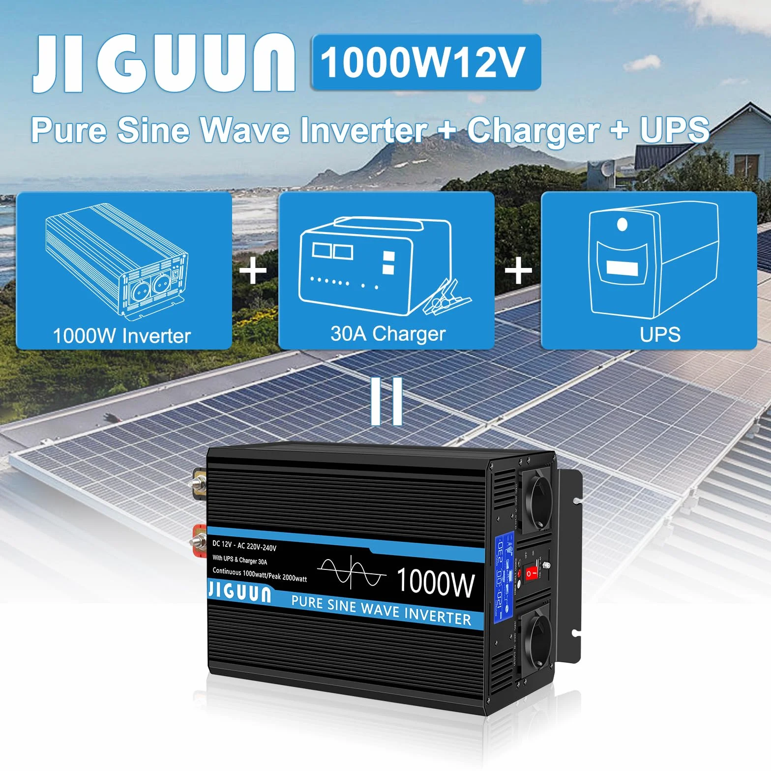 JIGUUN 1000W Inversor 12V 220V Onda Pura Inverter con Cargador 30A y Circuito Prioritario de Red y SAI，2 Tomas UE, Mando a Distancia Inalámbrico y Pantalla LCD Potencia Pico 2000W