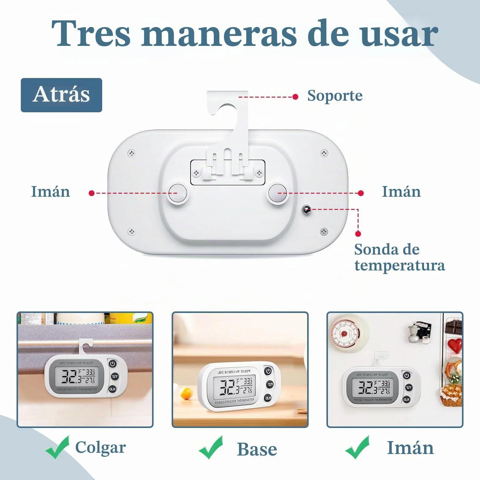 Termómetro Frigorífico Digital para Nevera y Congelador, Pantalla LCD Grande Impermeable, Memoria Máx/Mín, 2 Piezas