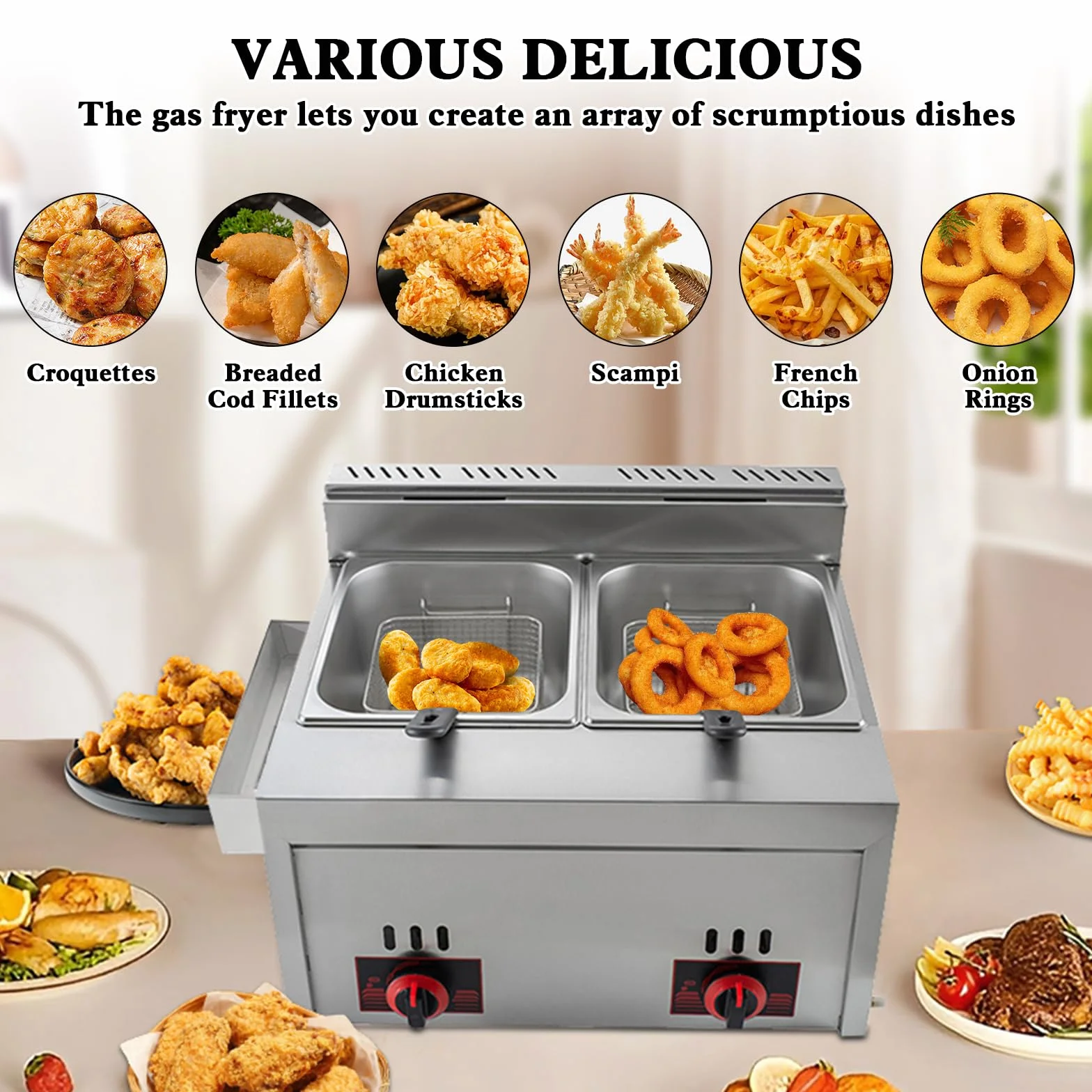 Freidora de Gas Comercial, Freidora Doble de Gas 6L+6L con 2 Cestas y 2 Tapas, Temperatura Ajustable, Calentamiento Rápido para Uso Comercial y Doméstico, Restaurantes y Bares de Aperitivos