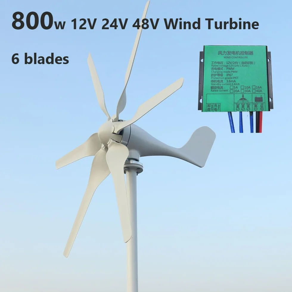 Generador Eólico 800W 12V 24V 48V, Turbina Eólica Horizontal de 6 Aspas con Controlador de Carga MPPT para Hogar (24, Voltios)
