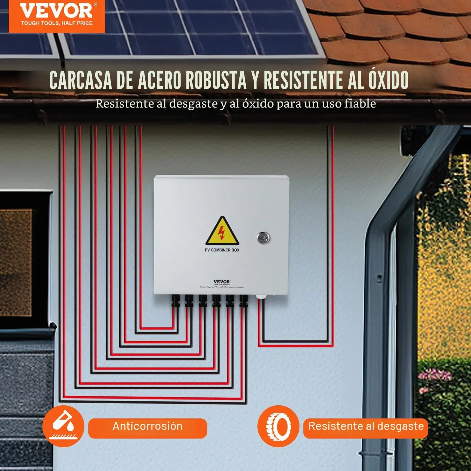 VEVOR Caja Combinadora Fotovoltaica, 6 Cuerdas, Caja Combinadora Solar con Fusible de Corriente Nominal de 15 A Conector Solar, Caja de Acero para Sistema de Panel Solar de Red de Encendido, Apagado
