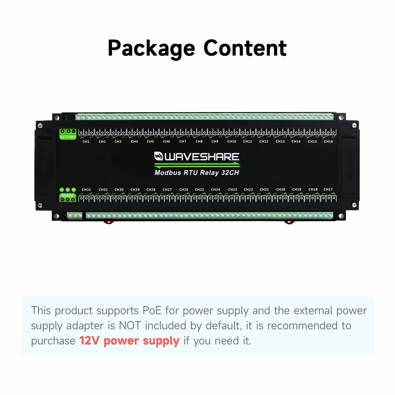 Waveshare Modbus RTU 32-Ch Relay Module, RS485 Interface, with Multiple Isolation Protection Circuits, Mainly Used for Industrial Control, Smart Home, Smart Agriculture, Breeding & Farming