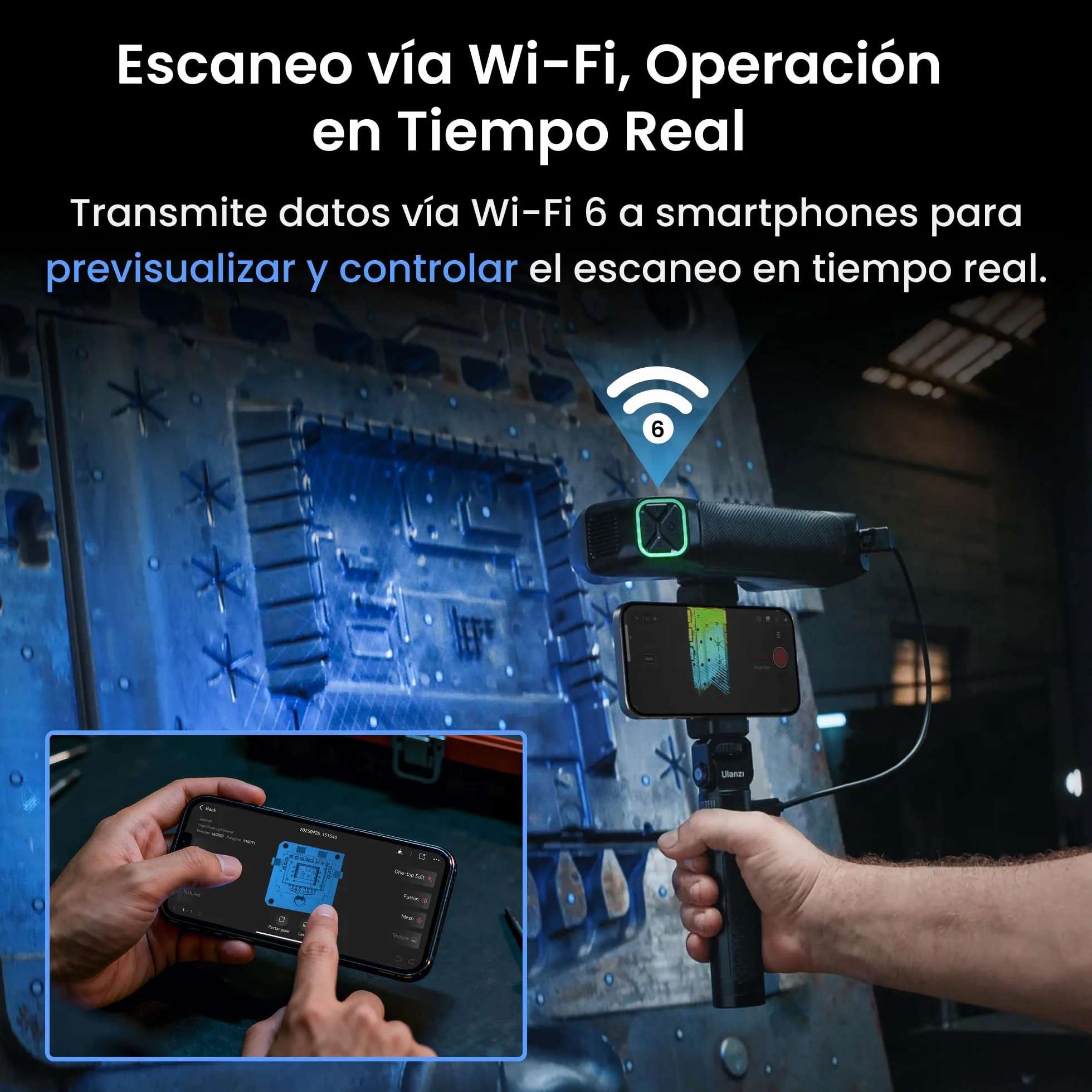 Revopoint MetroY Pro Escáner 3D para Impresión 3D, 5 Modos de Escaneo, Precisión hasta 0,01 mm, Escáner Portátil Láser Azul Industrial 34+15+1, Campo Completo de 62 Líneas, Vista Previa en Tiempo Real