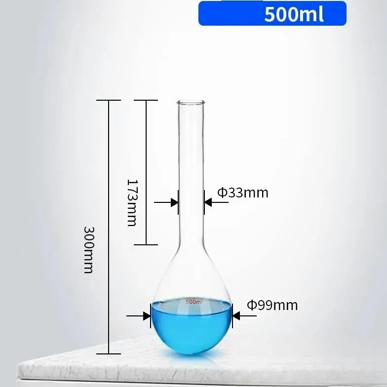 Matraz de vidrio de alto contenido en borosilicato Matraz de laboratorio de cuello largo y fondo redondo de vidrio de borosilicato GG17, varios tamaños(500ml)