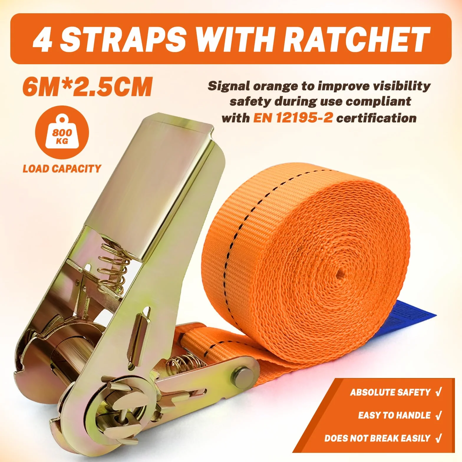 Correas De Trinquete 6m x 25mm Capacidad De Carga 800kg Tensor De Carraca Naranja
