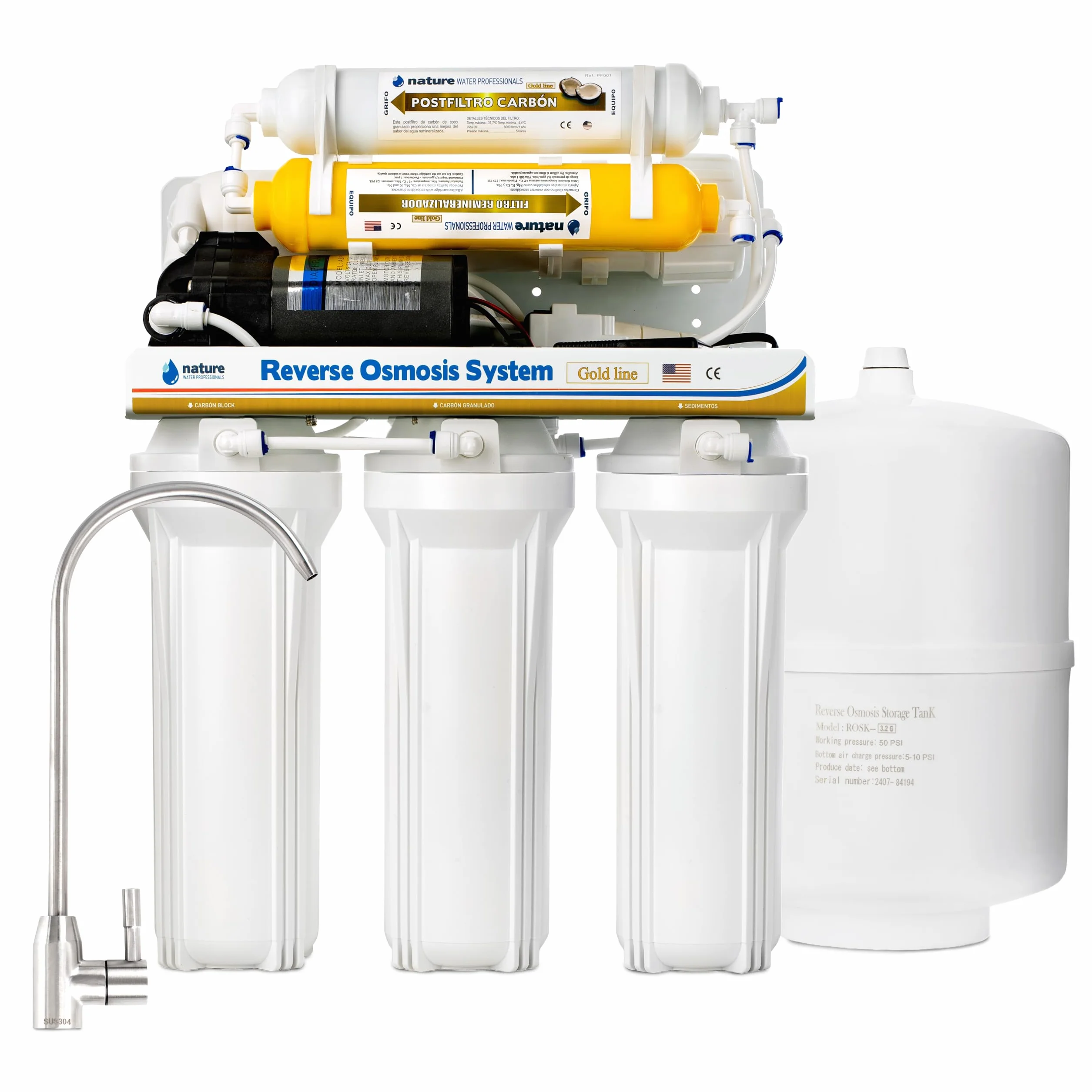 Equipo de Osmosis Inversa - Kit para Osmosis de 6 Etapas - Capacidad para 5 L - Incluye Membrana Vontron de 50GPD, Bomba y Filtros - Nature Water Professionals