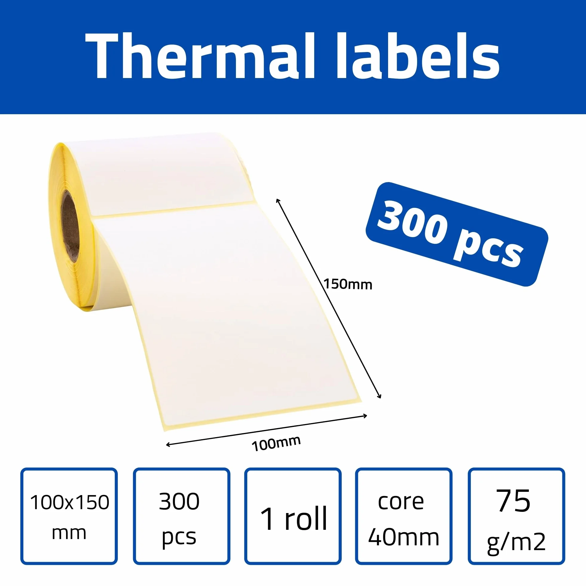 Etiquetas térmicas blancas 100x150 mm adhesivo permanente 4" x 6" rollo