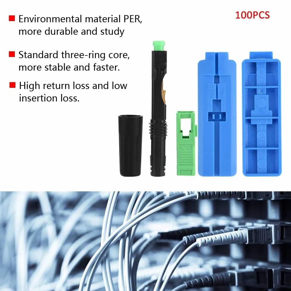 DEWIN Conector Rápido de Fibra SC,100 Piezas Conectores fríos de Fibra óptica rápida SC/APC Conector de Fibra Optica SC para Conexiones de Fibra óptica monomodo y Conexiones de Interfaz FC