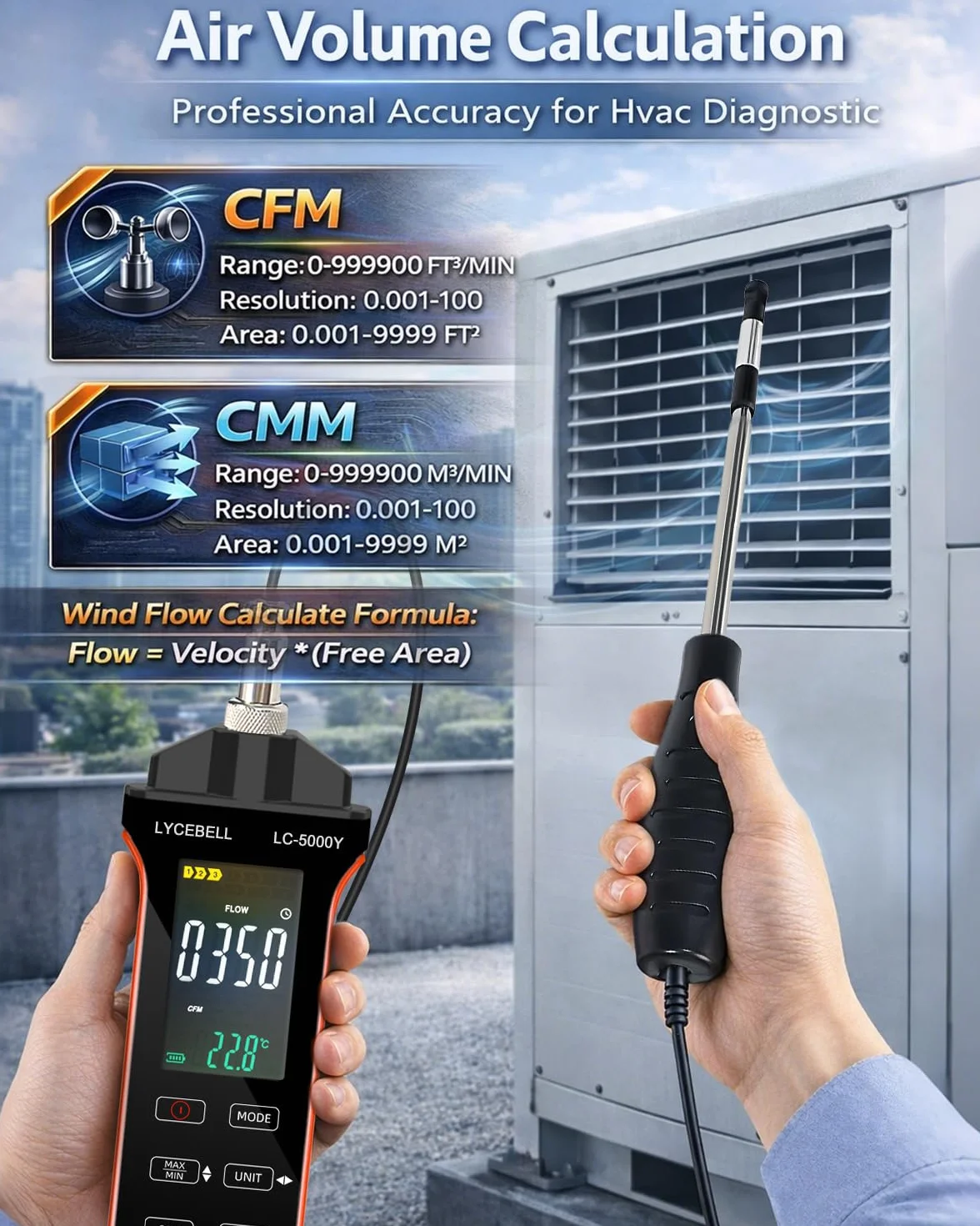 Anemómetro de Hilo Caliente LYCEBELL 5000Y 0.1-30 m/s IP54 Medidor Velocidad Aire Caudal CFM/CMM Sonda Extensible Batería USB-C