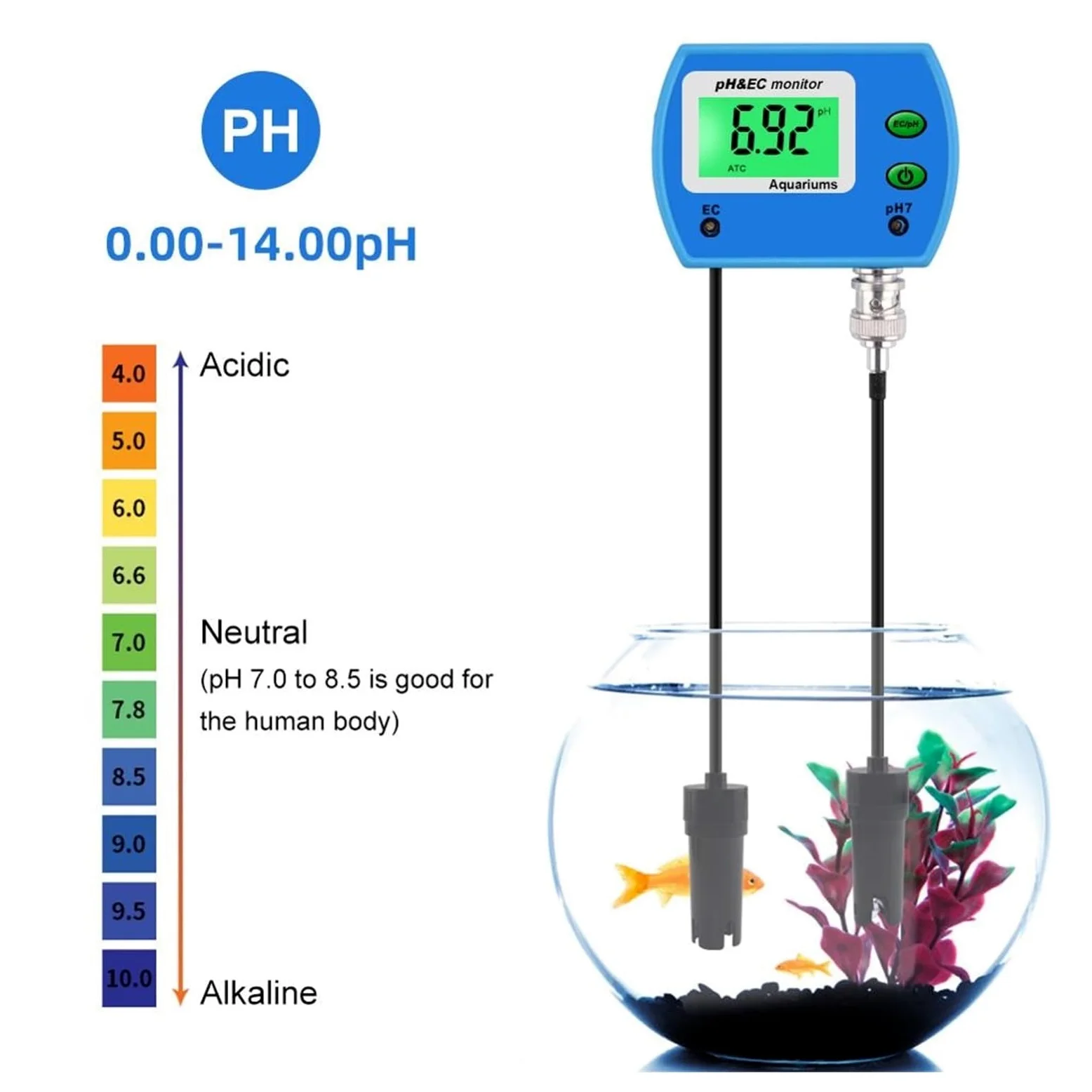 Medidor de PH EC 2 en 1, Monitor Digital calidad del agua, acidómetro línea multiparámetro for herramienta prueba acuario Amplio Rango NuméRico