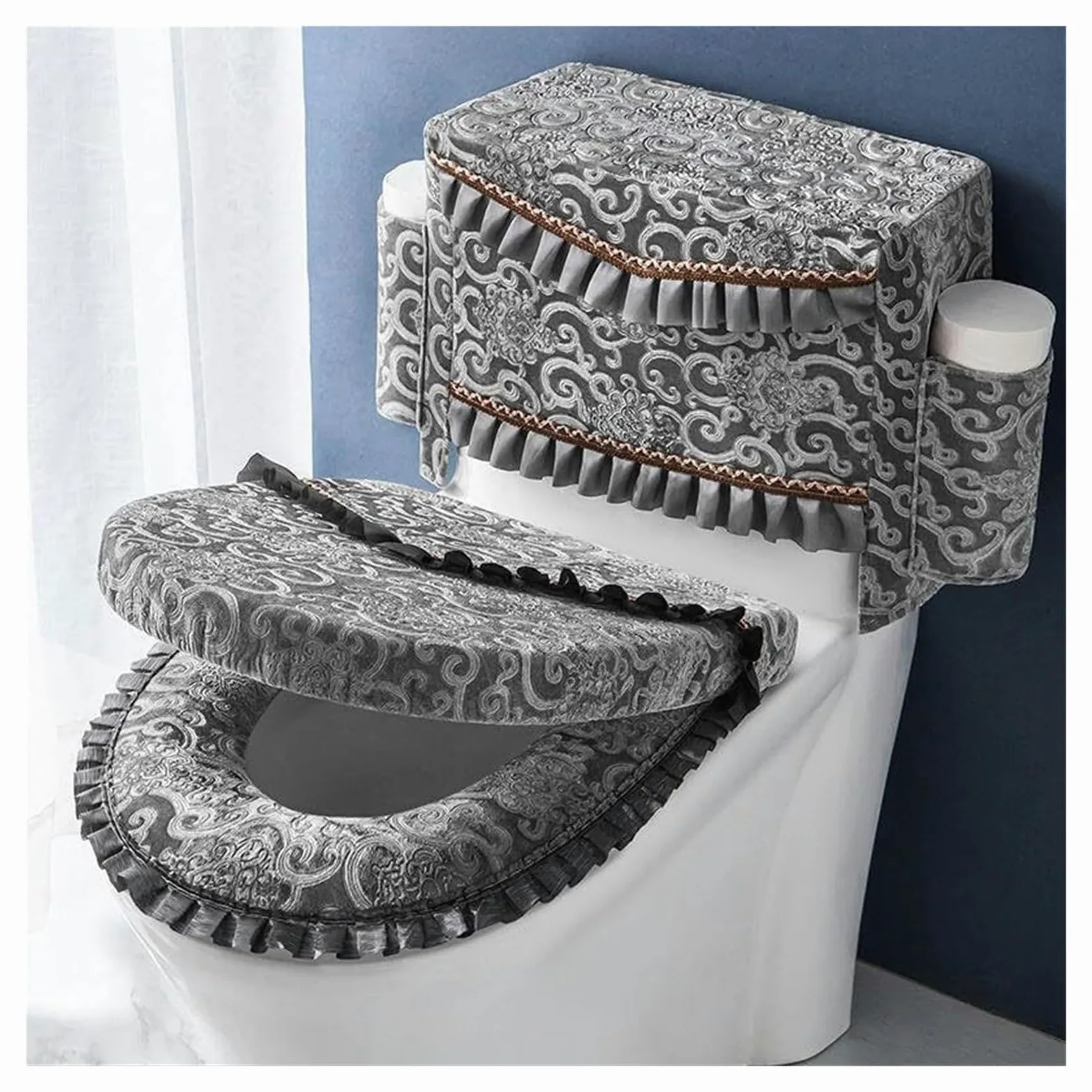 Juego de funda y cojín para asiento de inodoro con bolsillos para mayor comodidad y protección