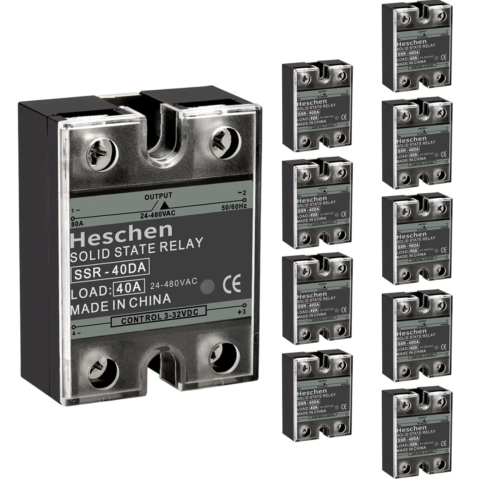Heschen Relé de estado sólido CC/CA monofásico, SSR-40DA, entrada 4-32VCC, salida 24-480VCA, 40A 50-60Hz (CC/CA 10Pcs)