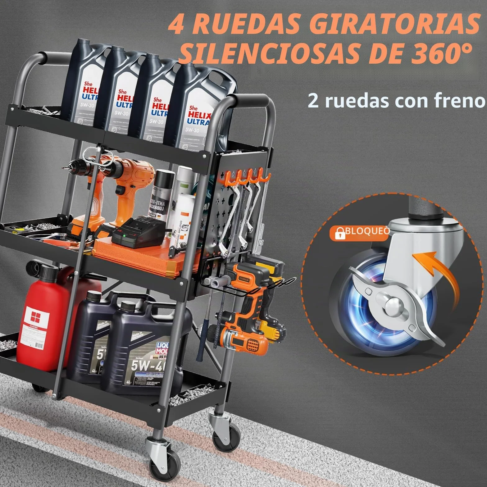 KINGRACK Carro de Herramientas con Ruedas de 3 Estantes y Mango Ergonómico, Carro de Servicio Plegable, Carro Auxiliar Taller Organizador con Placas Colgantes para Hogar Oficina Garaje Almacén, Negro