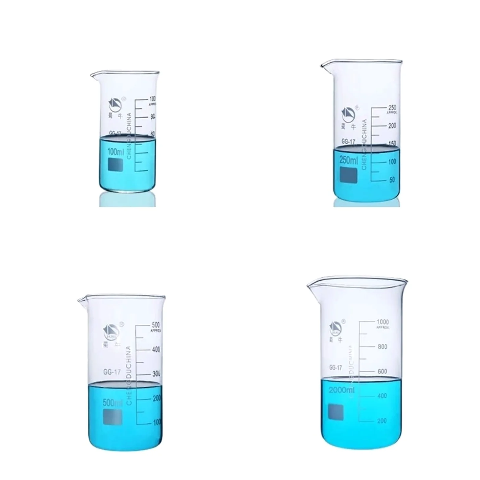1 juego (100 ml, 250, 500, 1000 ml) de vasos graduados de vidrio de borosilicato en forma alta, vaso medidor de vidrio, equipo de laboratorio