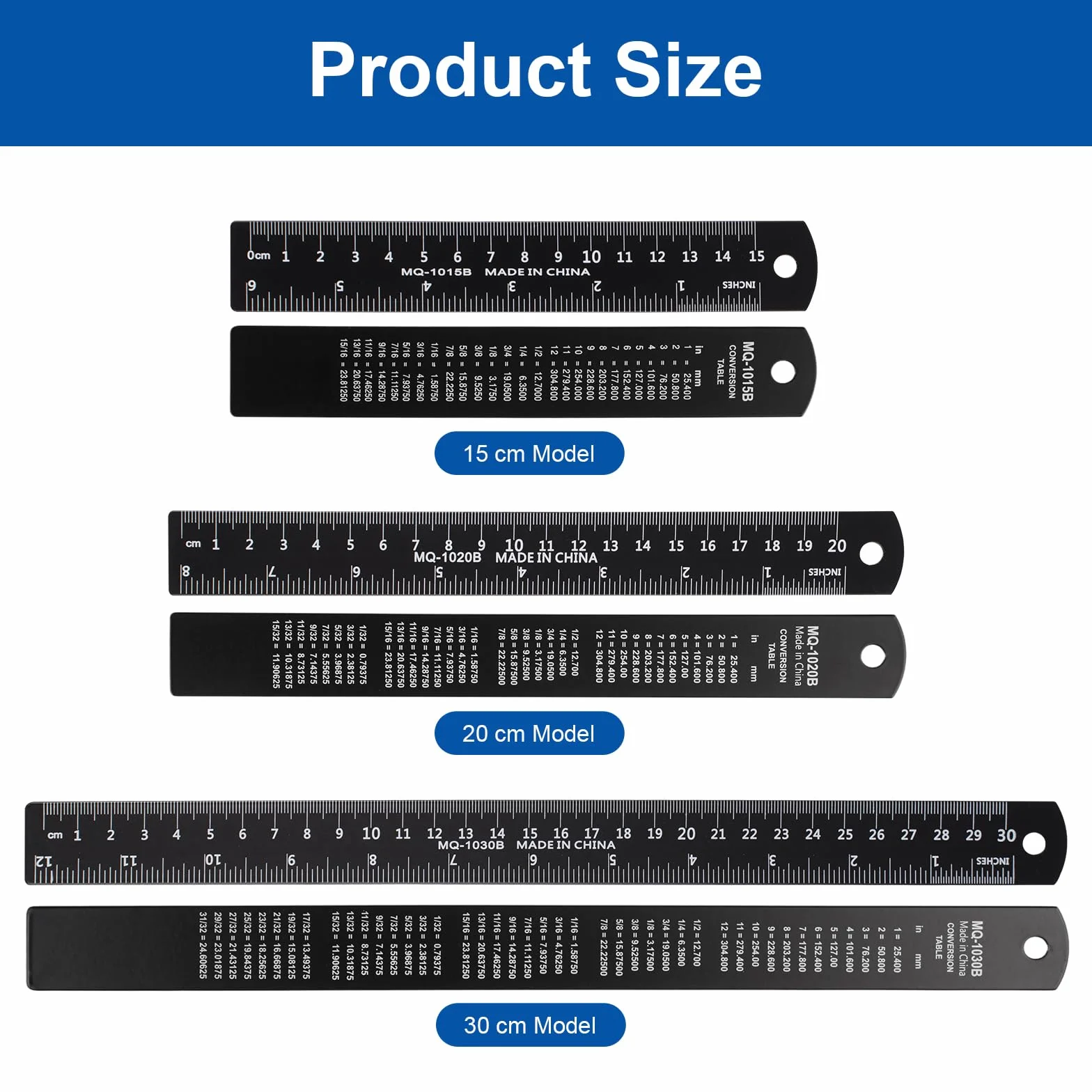 Reglas de Metal 3 Piezas 15 cm 20 cm 30 cm Doble Escala Métrica e Imperial Negro