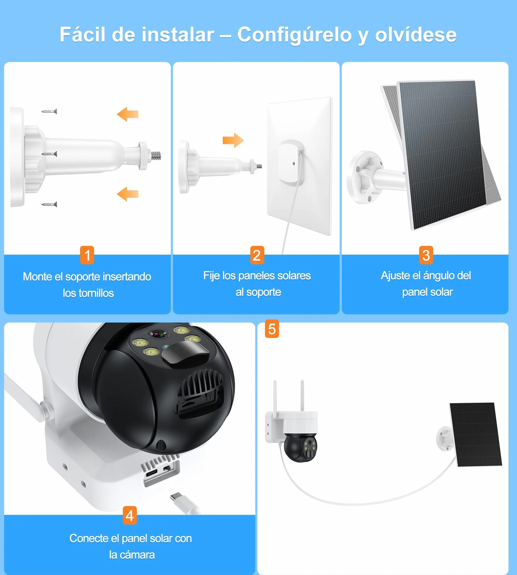 Panel Solar 6W para Cámara de Vigilancia Exterior, USB C y DC 3.5mm, Compatible con Eufy, Reolink, Ring, Arlo