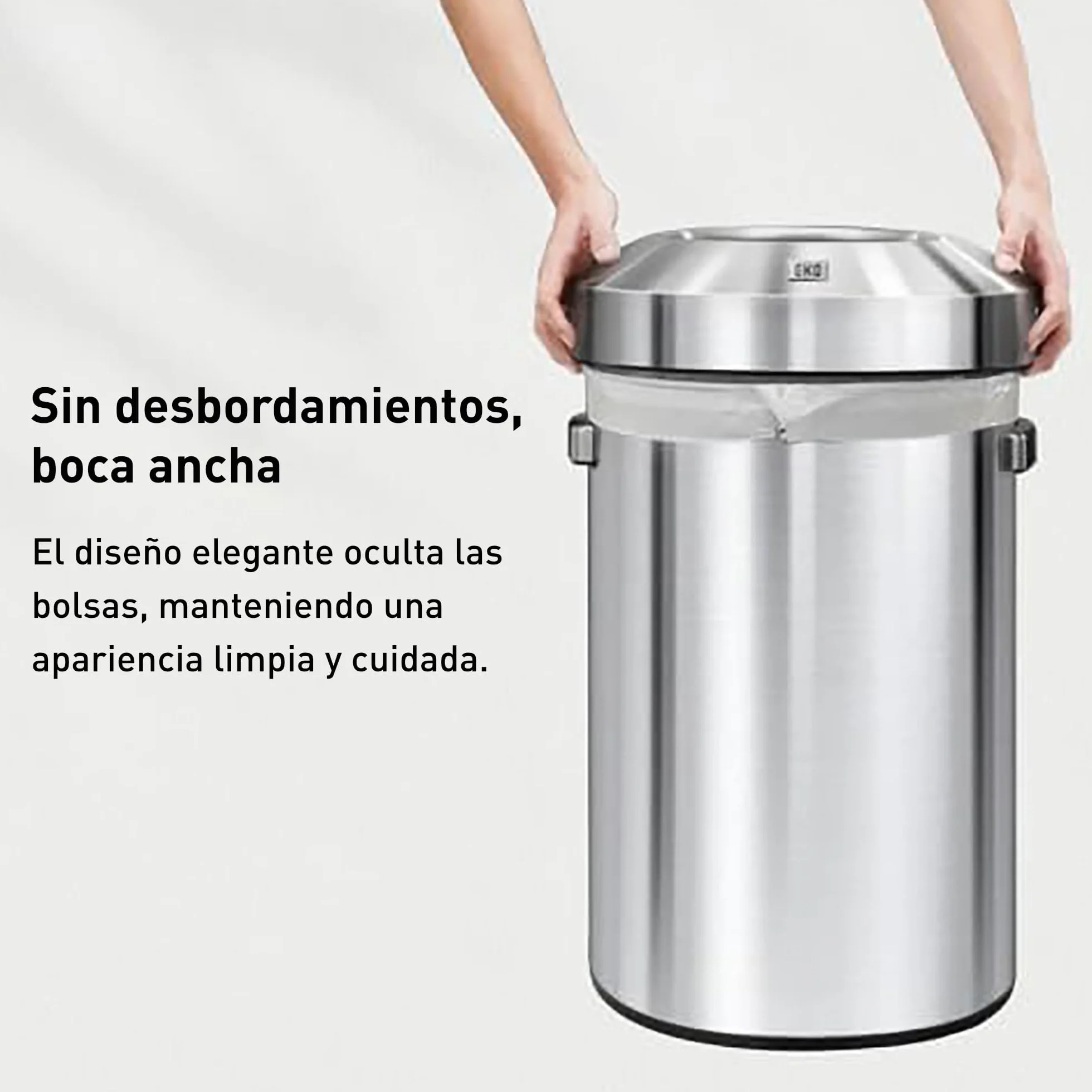 EKO Cubo de Basura 60 L. Uso Comercial, Acero Inoxidable Cepillado, Uso en Exteriores, Interiores. Ideal en Espacios Grandes. Acabado antihuellas, Papelera Moderna y Robusta.
